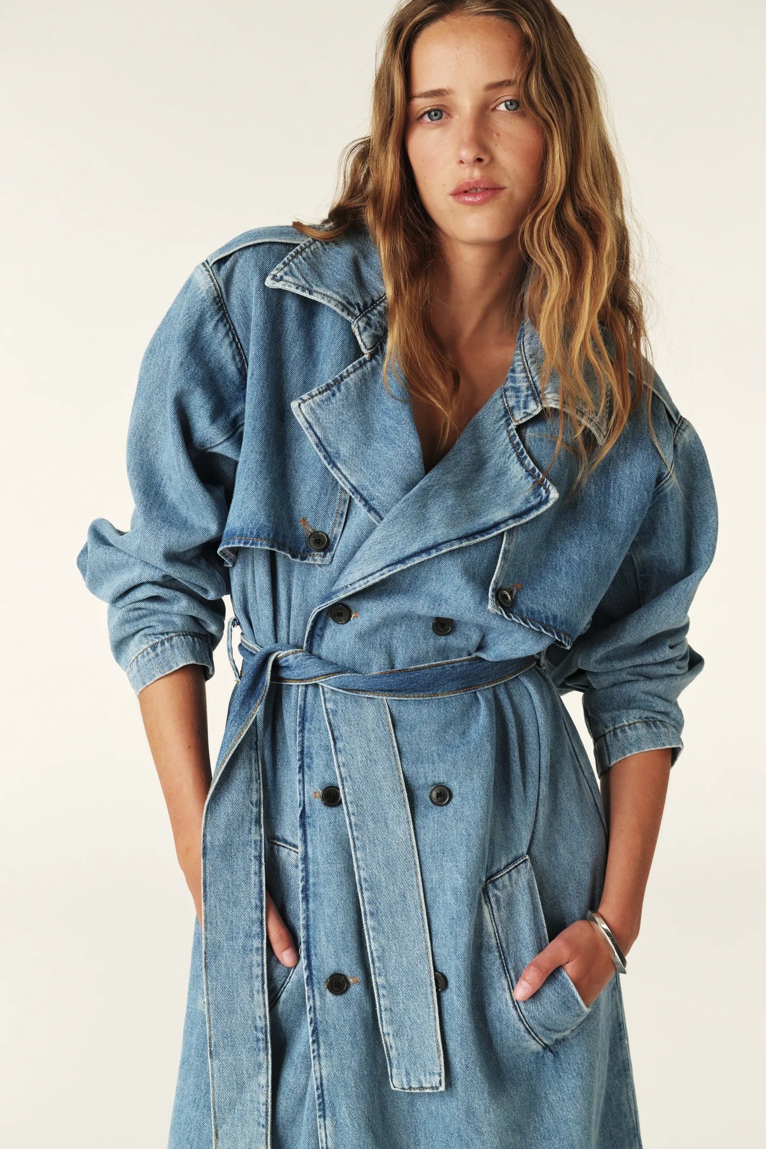 Bash Paris Tresca Denim Trench Coat - Mid Blue sale outerwear - Sloane Boutique