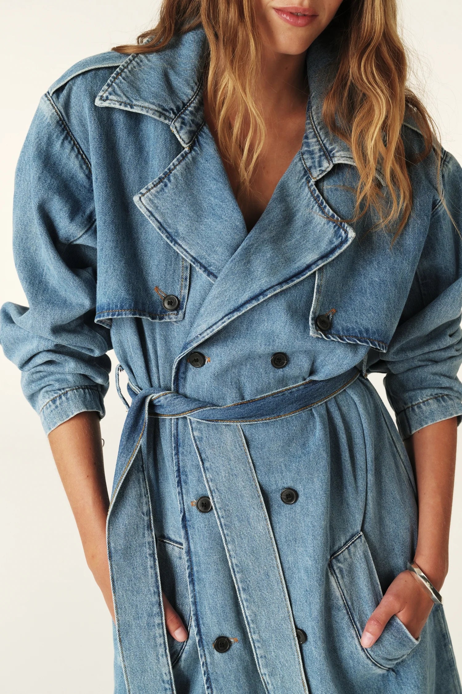 Bash Paris Tresca Denim Trench Coat - Mid Blue sale outerwear - Sloane Boutique