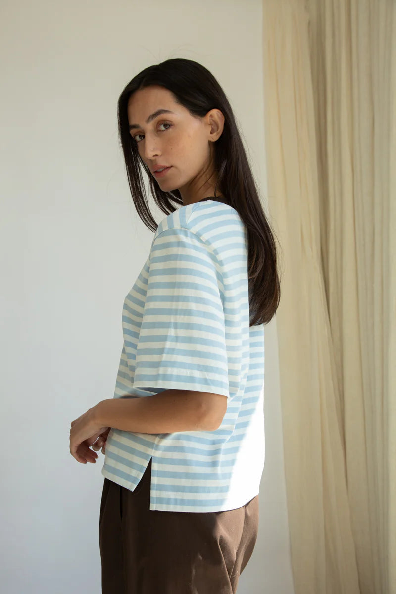 Beaumont Organic Bay-Sue Jersey Top - Pale Blue & White Stripe Women's Tops - Sloane Boutique