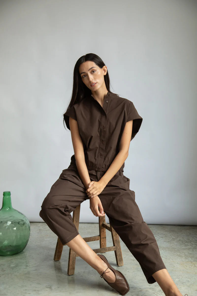 Beaumont Organic Nancy Cotton Jersey & Poplin Shirt - Cacao Women's Tops - Sloane Boutique