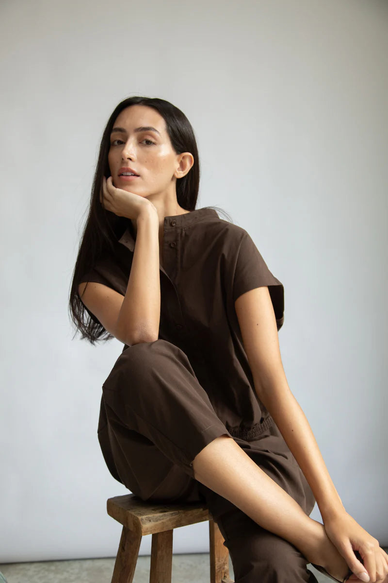Beaumont Organic Nancy Cotton Jersey & Poplin Shirt - Cacao Women's Tops - Sloane Boutique