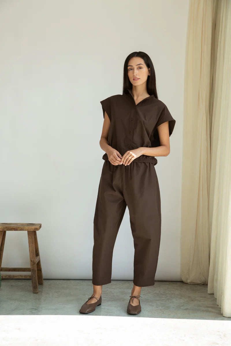 Beaumont Organic Nancy Cotton Jersey & Poplin Shirt - Cacao Women's Tops - Sloane Boutique