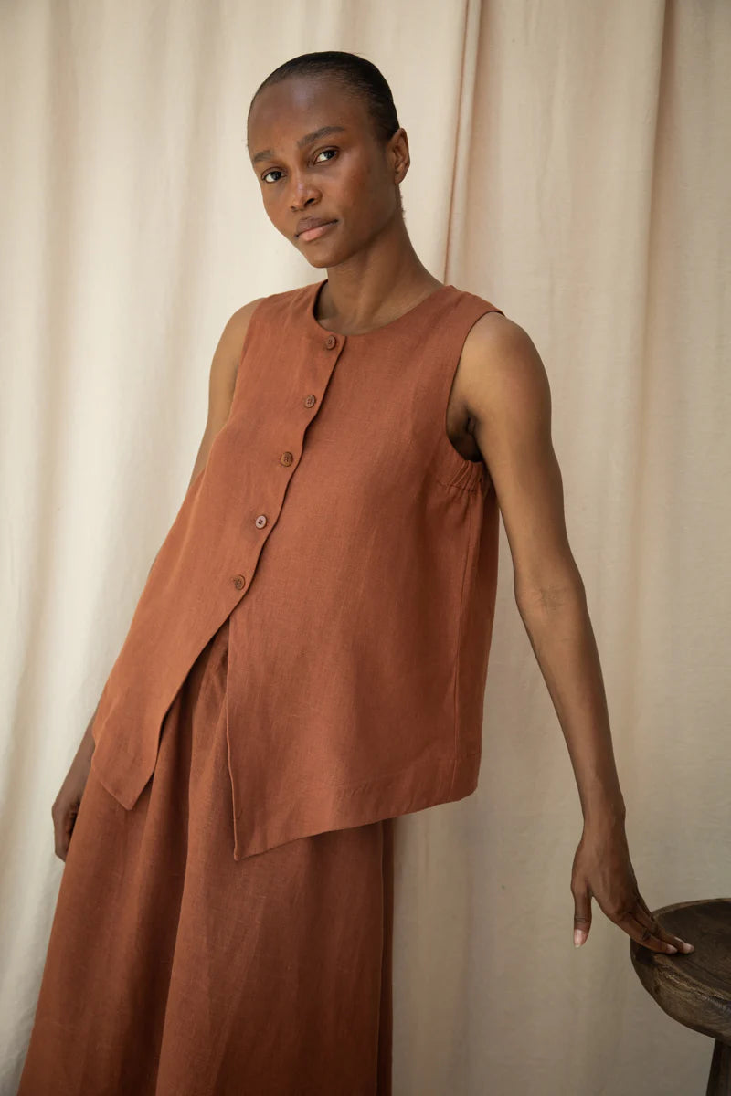 Beaumont Organic Olivia-May Linen Waistcoat - Russet Women's Tops - Sloane Boutique