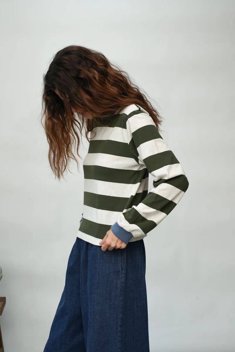 Beaumont Organic Sierra-Sue Jersey Top - Olive and Ecru Marl Stripe Women's Tops - Sloane Boutique