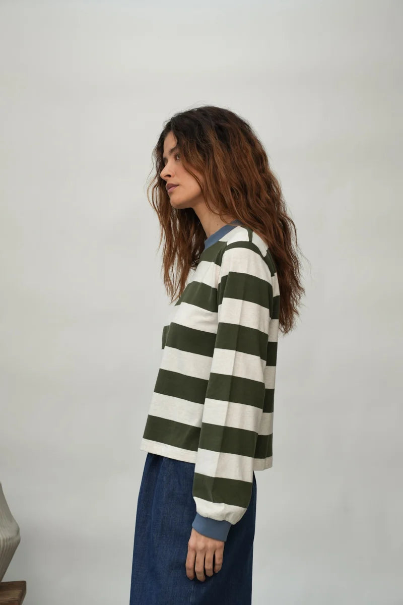 Beaumont Organic Sierra-Sue Jersey Top - Olive and Ecru Marl Stripe Women's Tops - Sloane Boutique