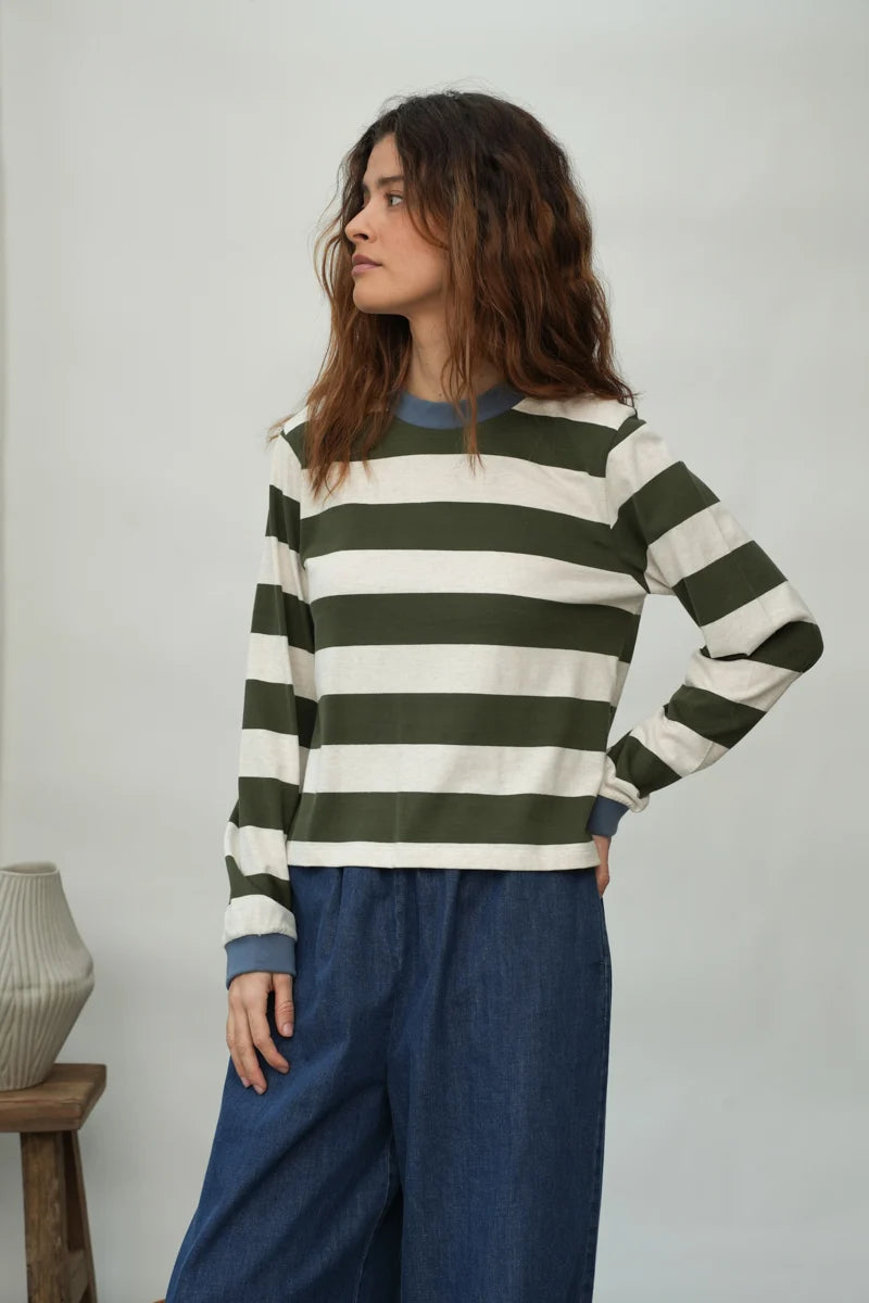 Beaumont Organic Sierra-Sue Jersey Top - Olive and Ecru Marl Stripe Women's Tops - Sloane Boutique