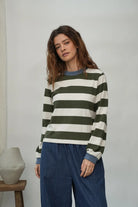 Beaumont Organic Sierra-Sue Jersey Top - Olive and Ecru Marl Stripe Women's Tops - Sloane Boutique