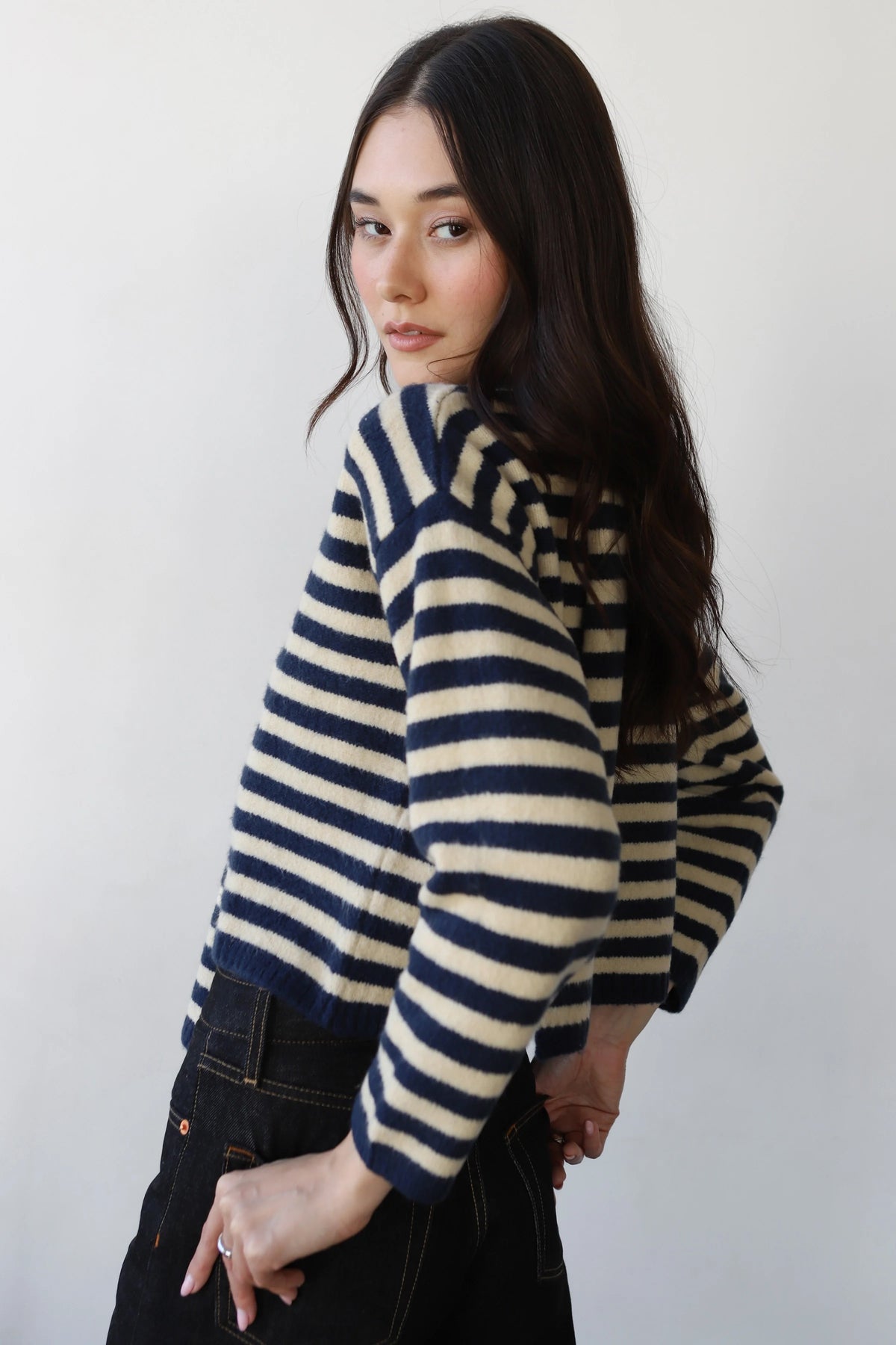 Callahan Jane Cardigan & Scarf - Navy & Creme Stripe Women's Tops - Sloane Boutique