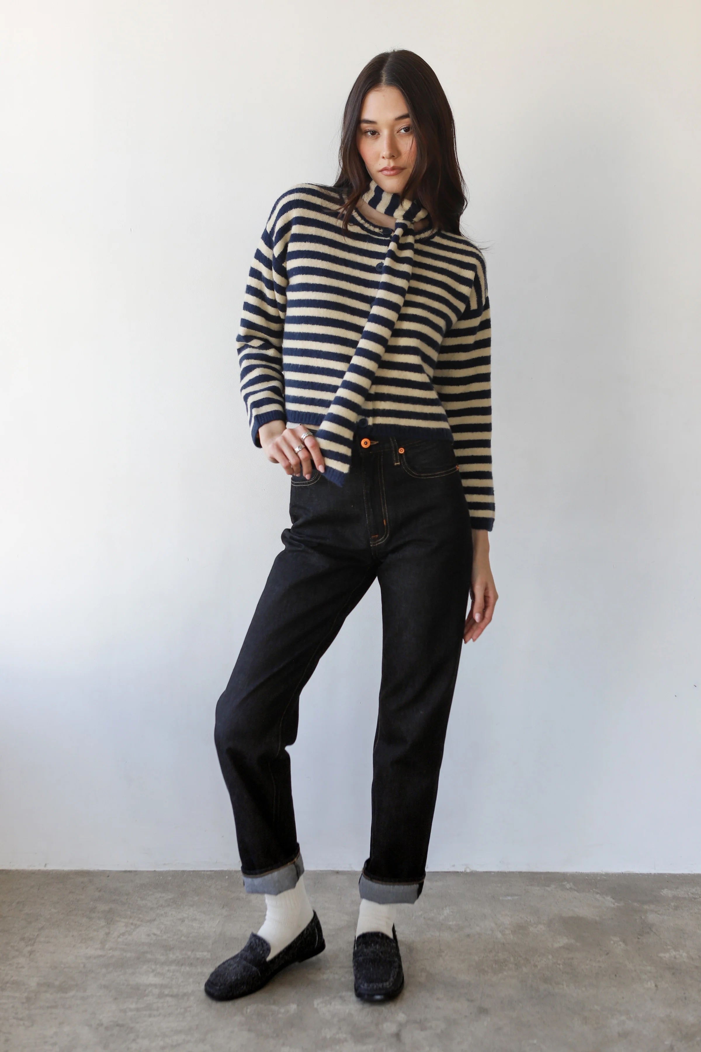 Callahan Jane Cardigan & Scarf - Navy & Creme Stripe Women's Tops - Sloane Boutique