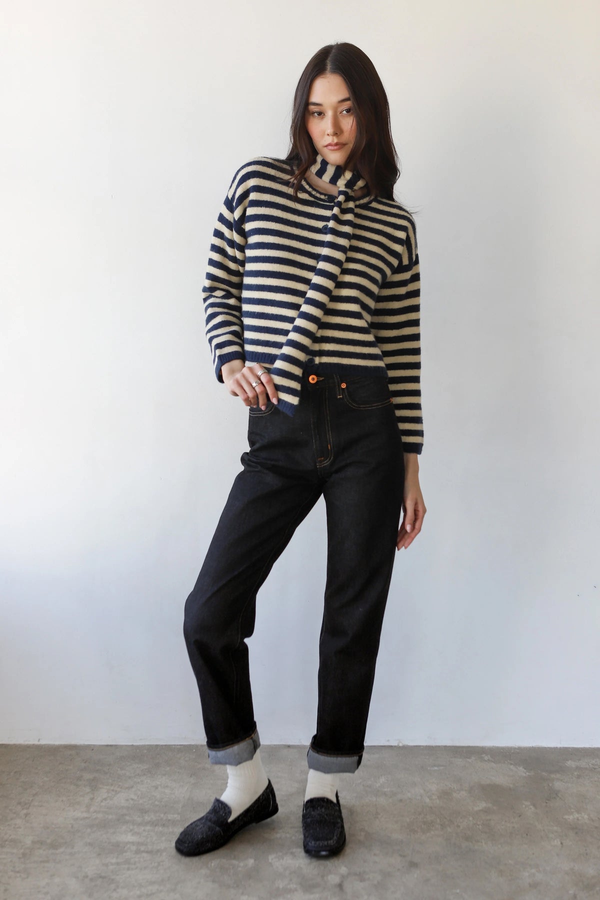 Callahan Jane Cardigan & Scarf - Navy & Creme Stripe Women's Tops - Sloane Boutique