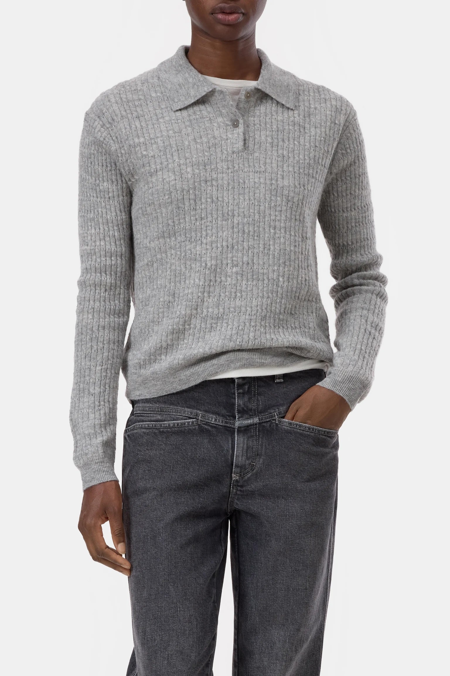 Closed Long Sleeve Polo - Light Grey Melange Women's Tops - Sloane Boutique