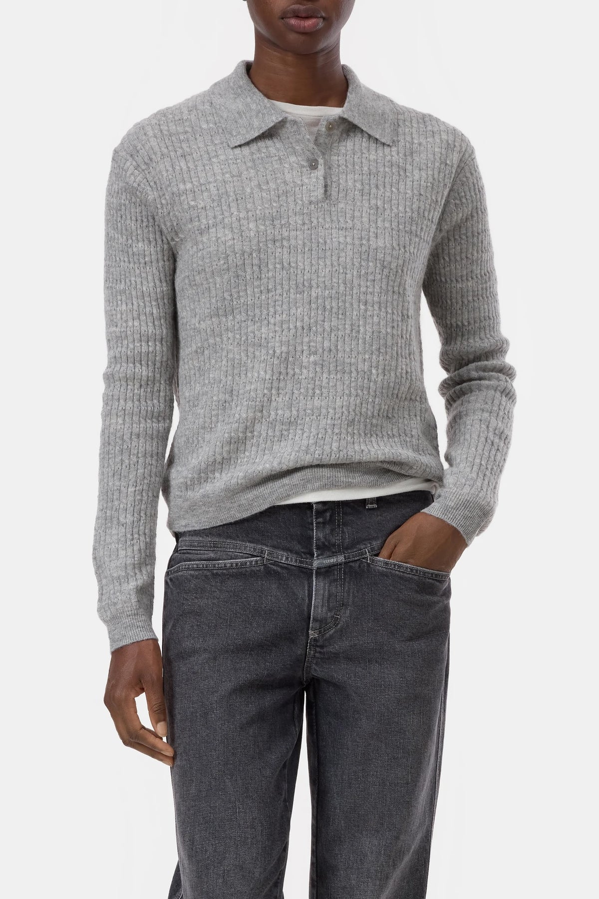 Closed Long Sleeve Polo - Light Grey Melange Women's Tops - Sloane Boutique