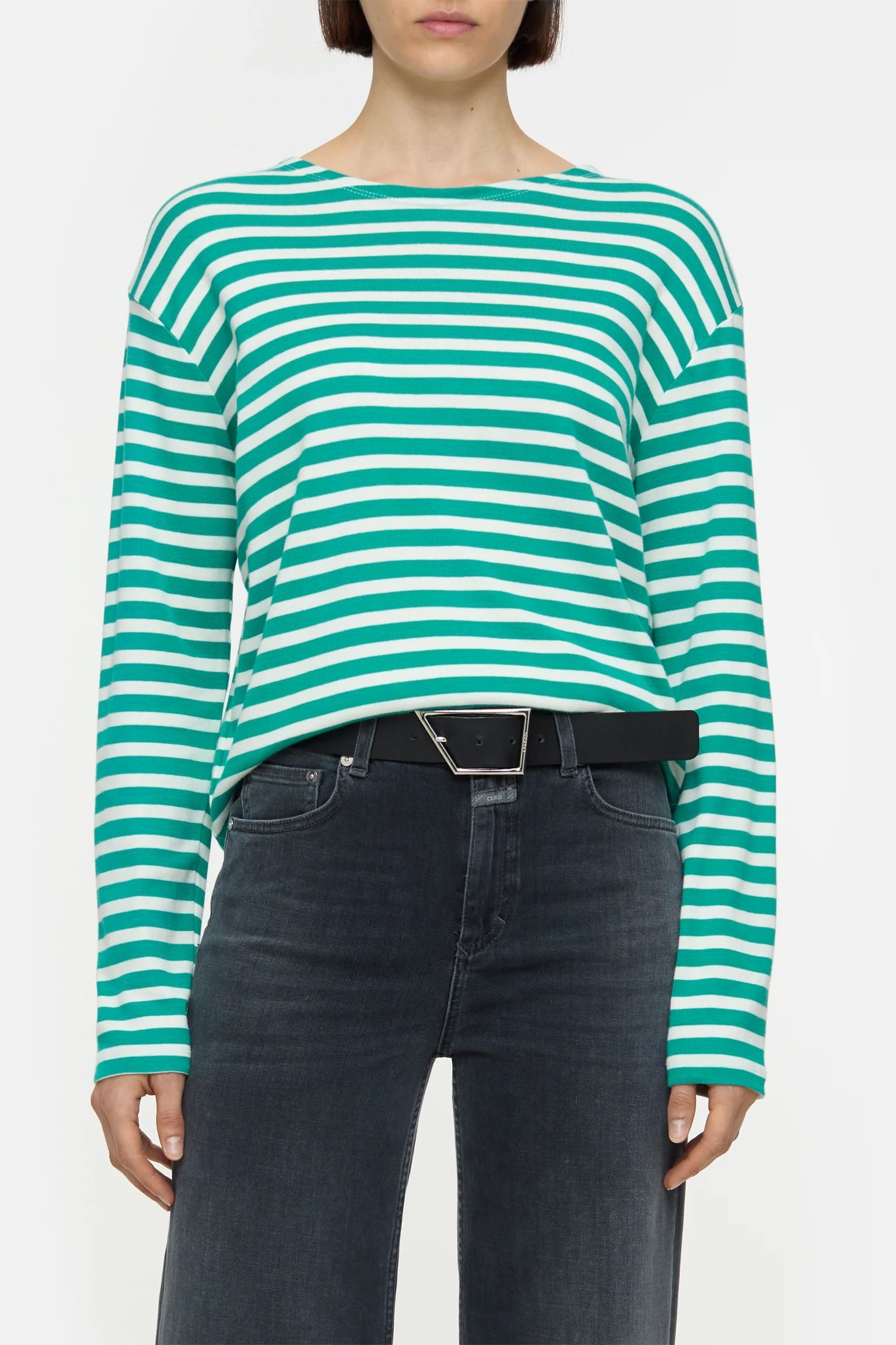 Closed Long Sleeve Striped Shirt - Meadow Green sale tops - Sloane Boutique