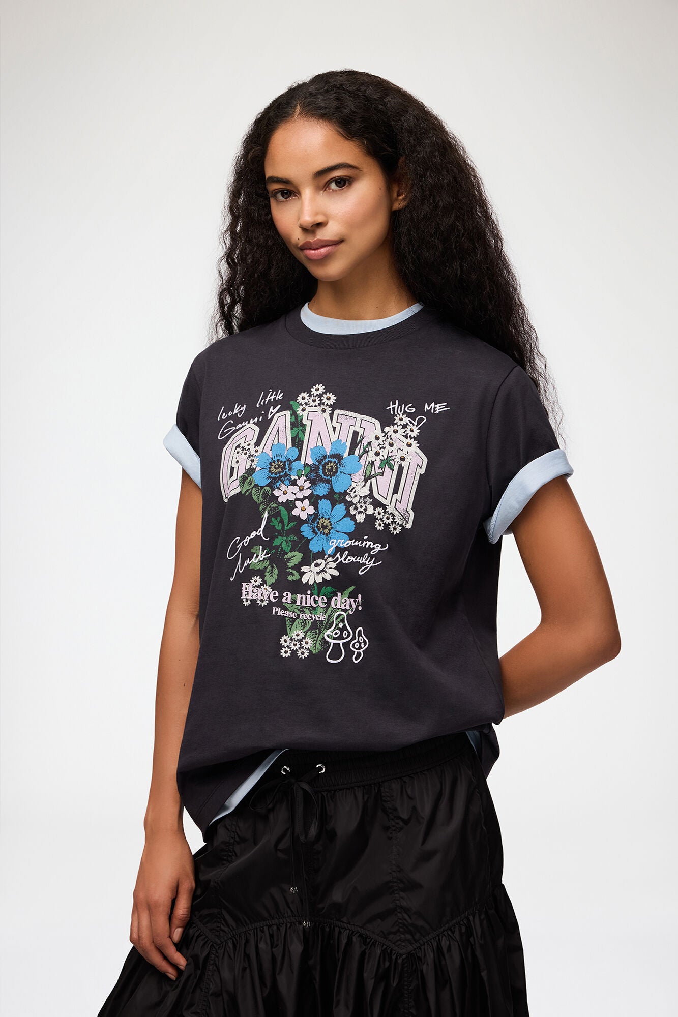 Ganni Basic Cotton Relaxed T-Shirt - Phantom Flower Women's Tops - Sloane Boutique