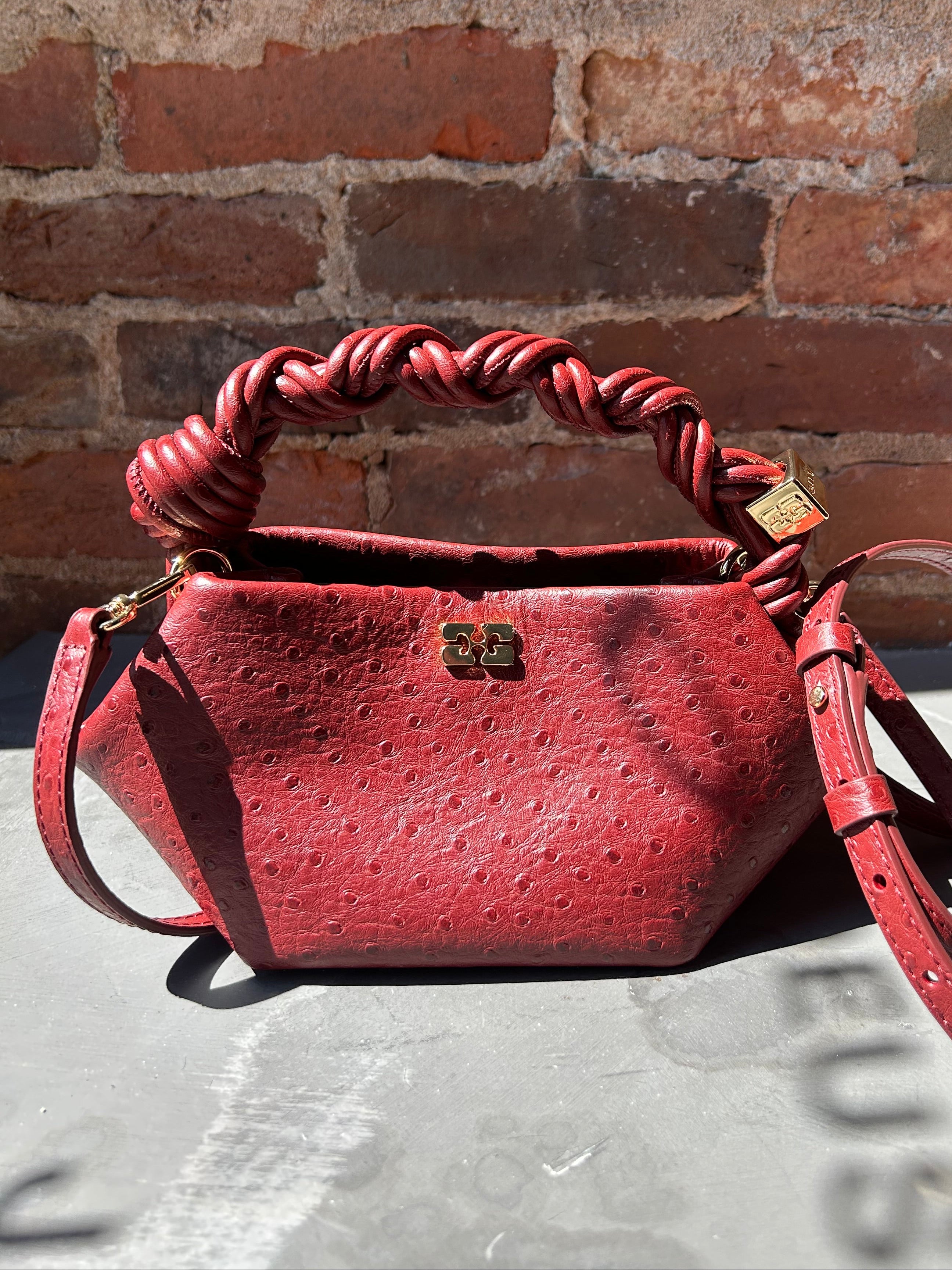 GANNI Bou Mini Ostrich - Brick Red Handbags - Sloane Boutique