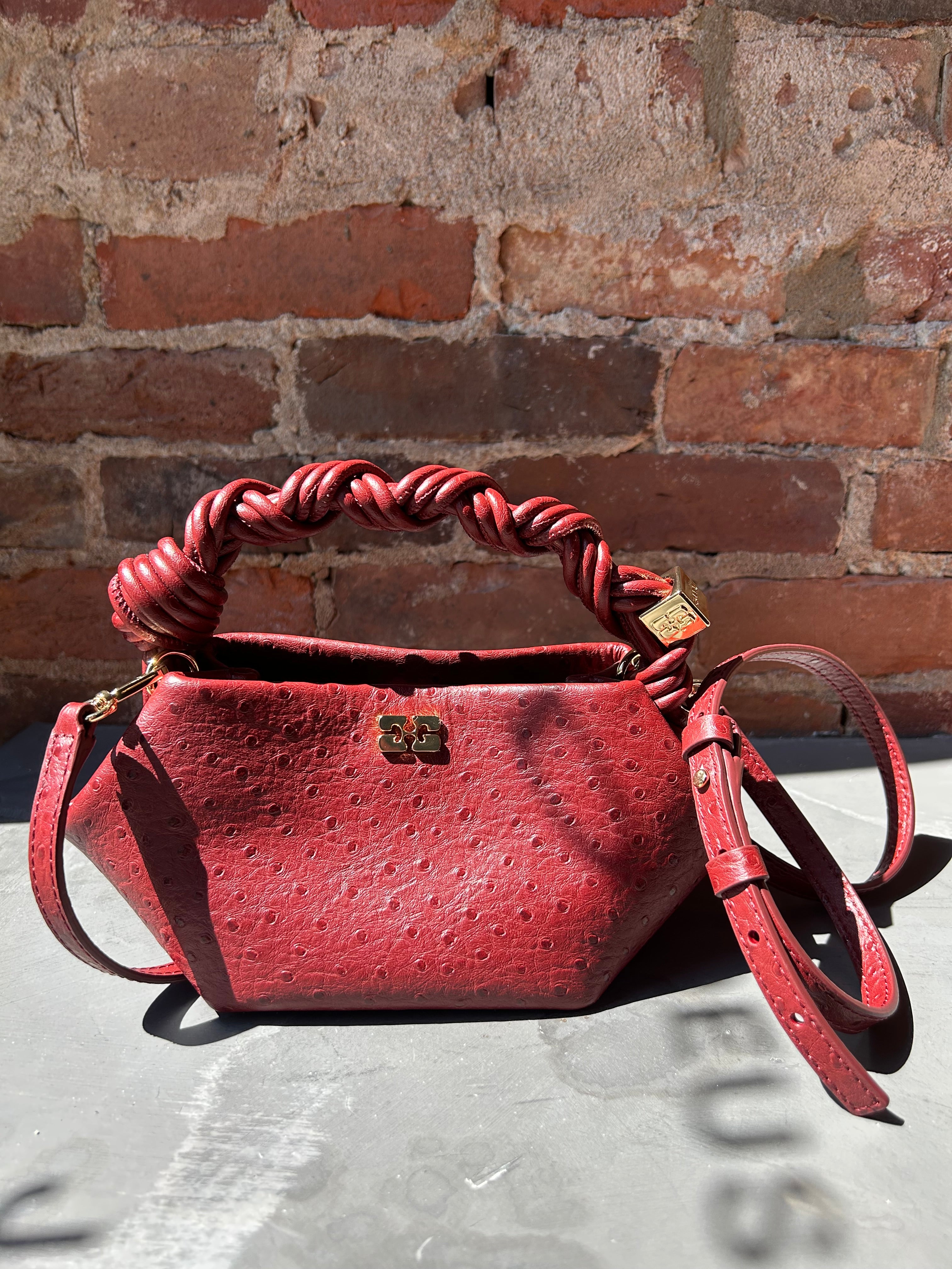 GANNI Bou Mini Ostrich - Brick Red Handbags - Sloane Boutique