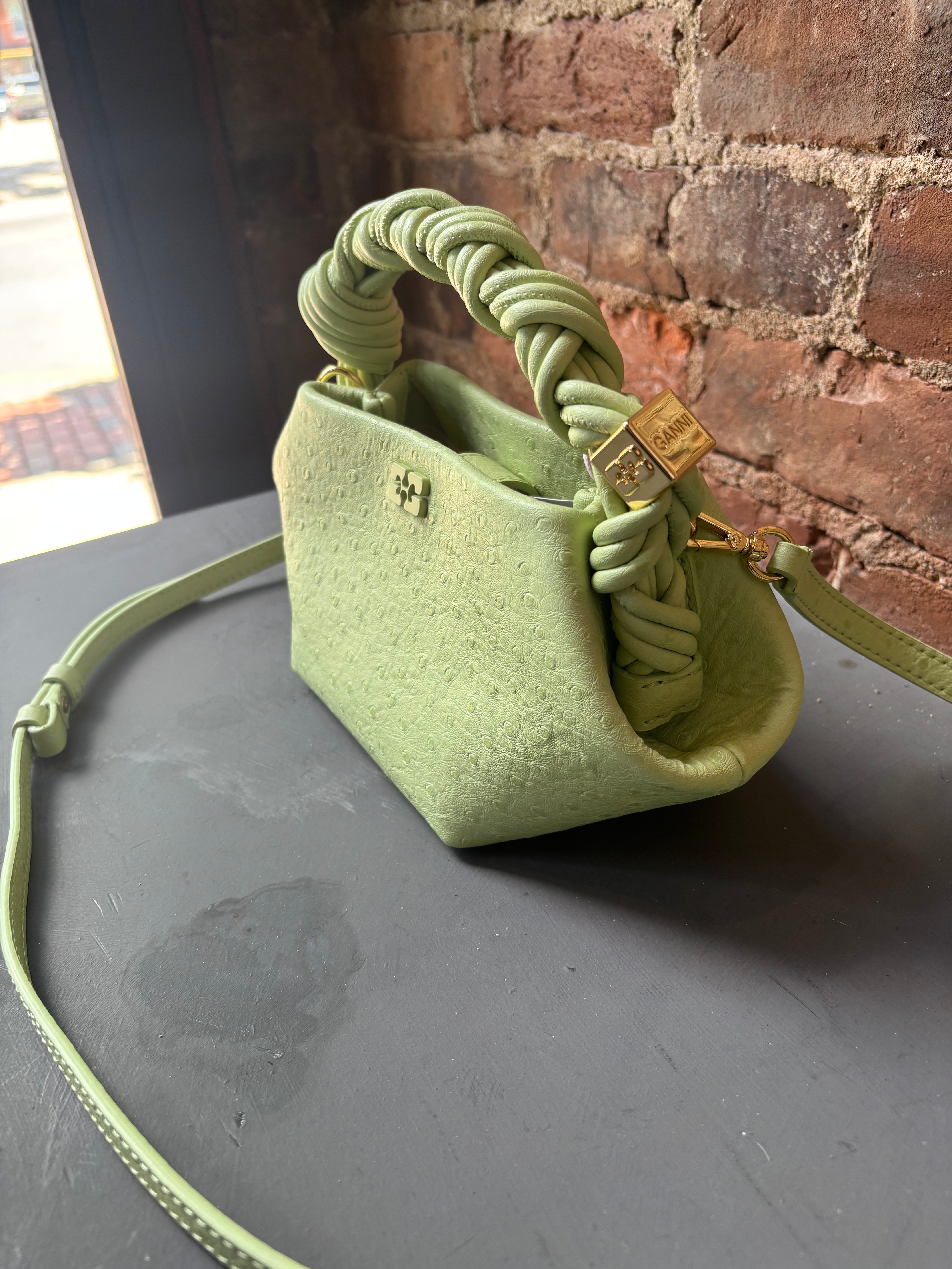 GANNI Bou Mini Ostrich - Lily Green Handbags - Sloane Boutique