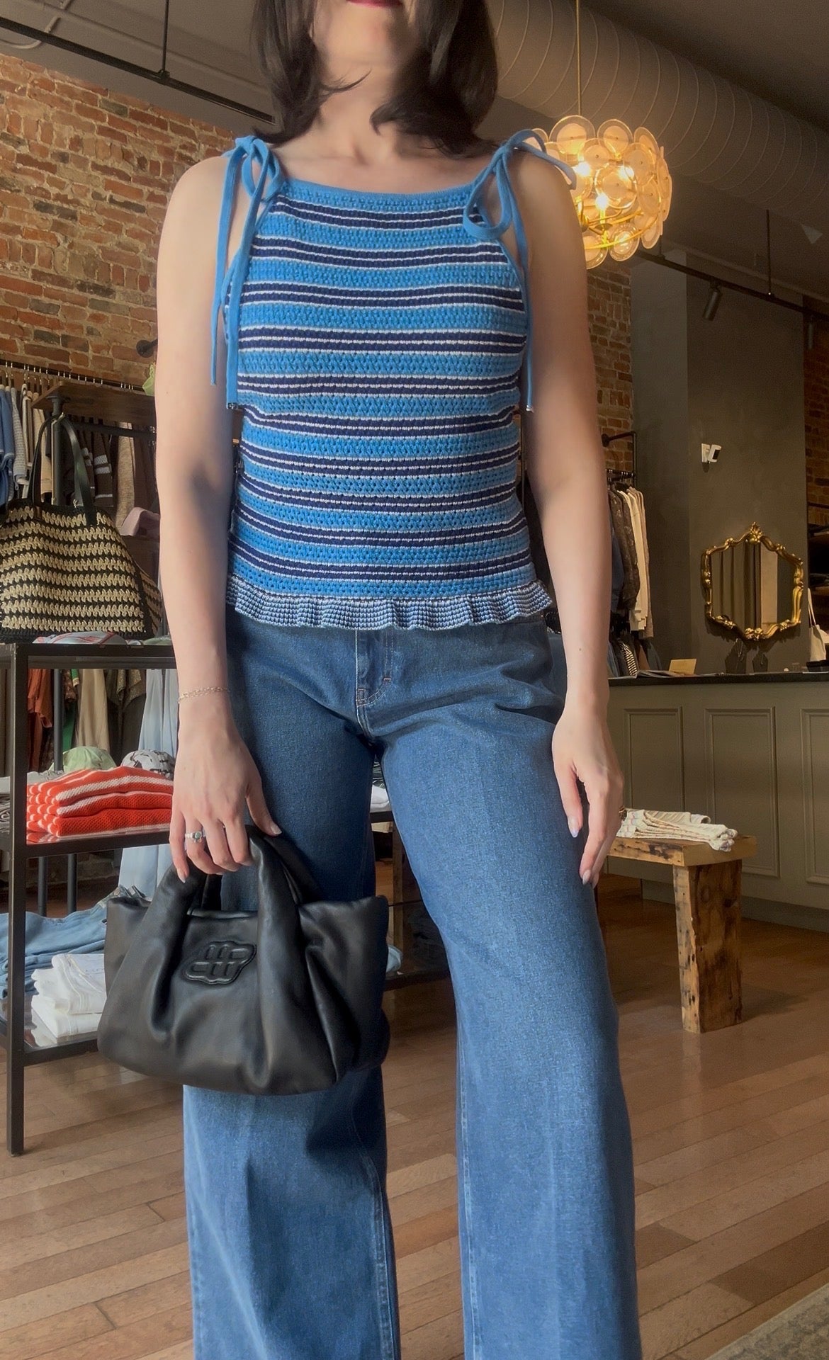 GANNI Cotton Pointelle Stripe Top - Marina Women's Tops - Sloane Boutique