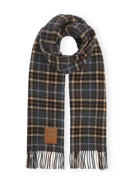 Ganni Double Face Wool Check Scarf - Charcoal Grey Accessories - Sloane Boutique