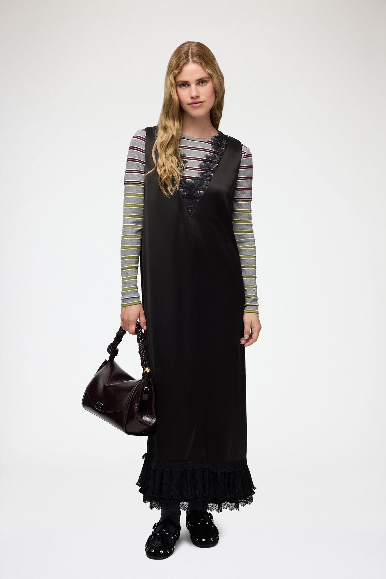Ganni Fluid Satin V-Neck Lace Dress - Black Dresses - Sloane Boutique