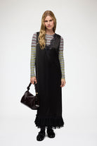 Ganni Fluid Satin V-Neck Lace Dress - Black Dresses - Sloane Boutique