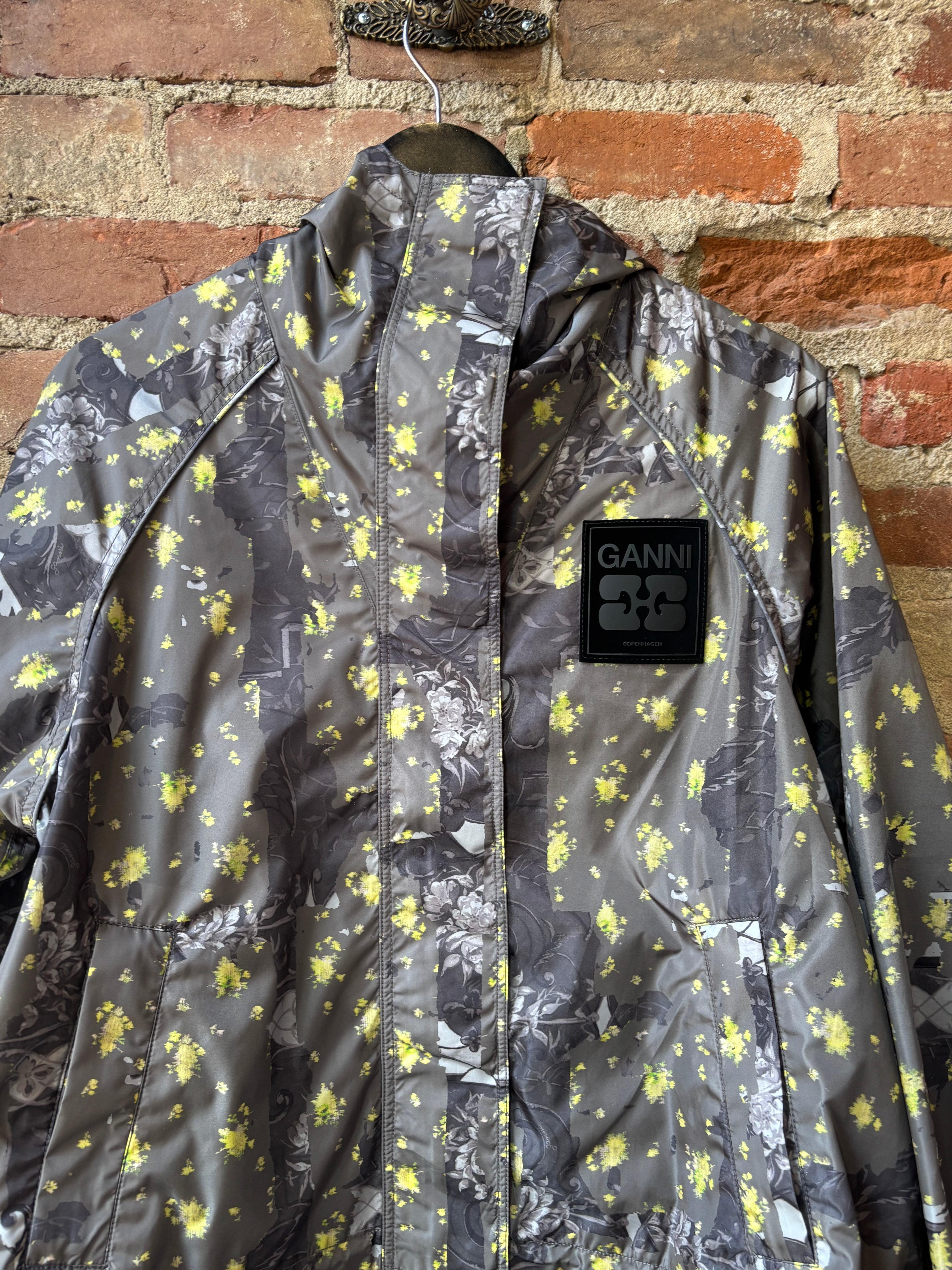 GANNI Flyweight Nylon Hooded Jacket - Printed Black Sand Outerwear - Sloane Boutique