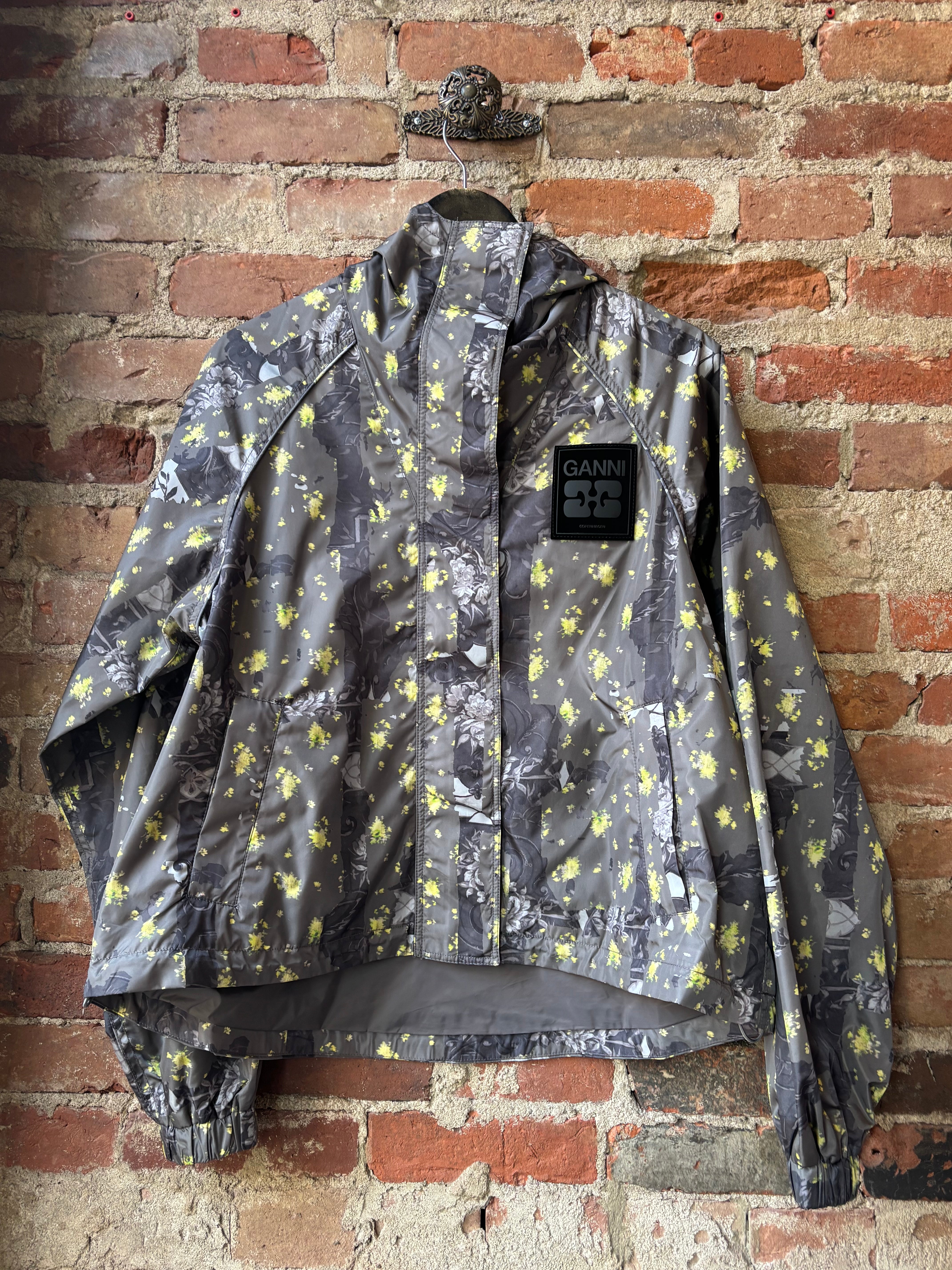 GANNI Flyweight Nylon Hooded Jacket - Printed Black Sand Outerwear - Sloane Boutique