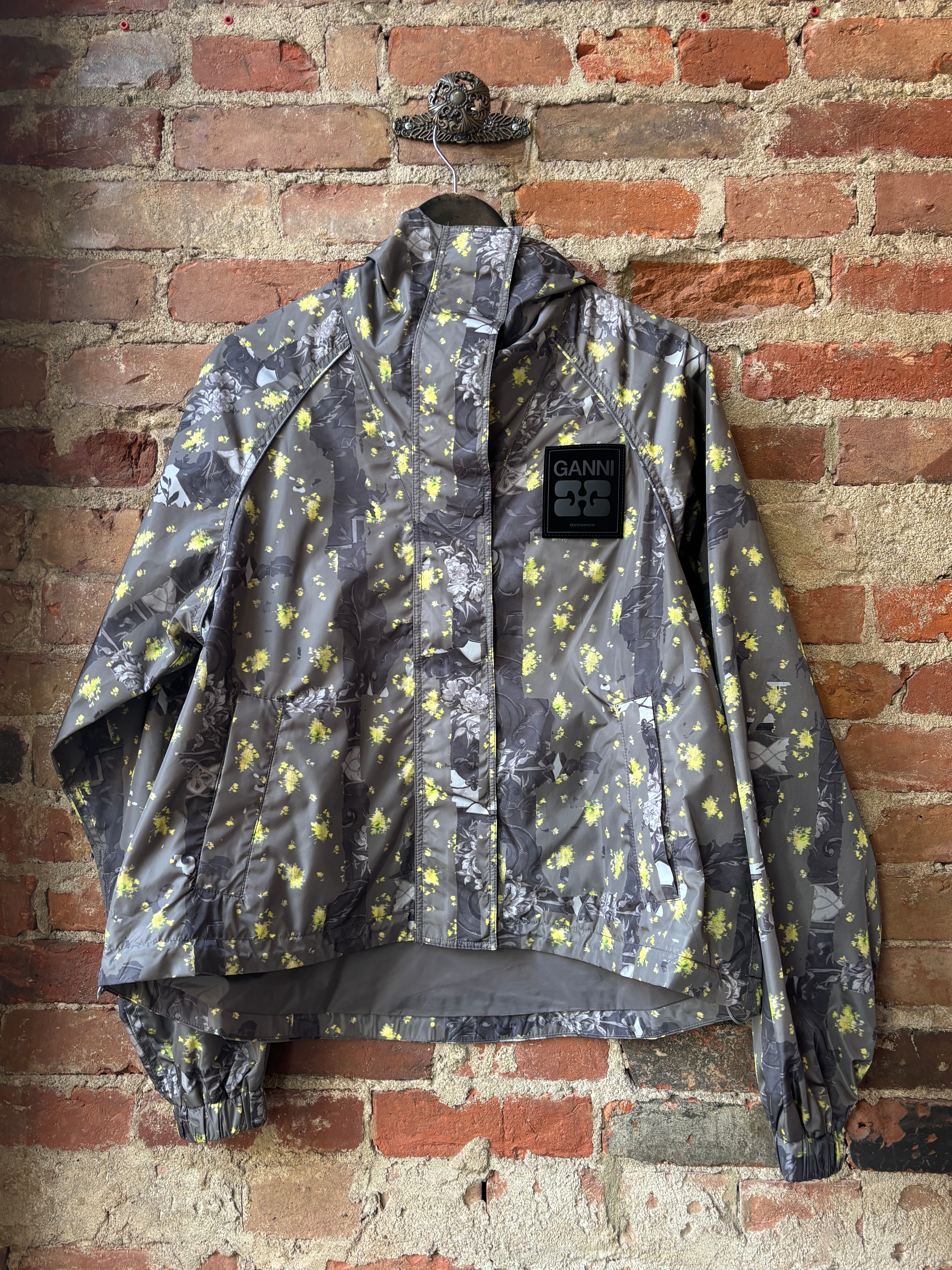 GANNI Flyweight Nylon Hooded Jacket - Printed Black Sand Outerwear - Sloane Boutique