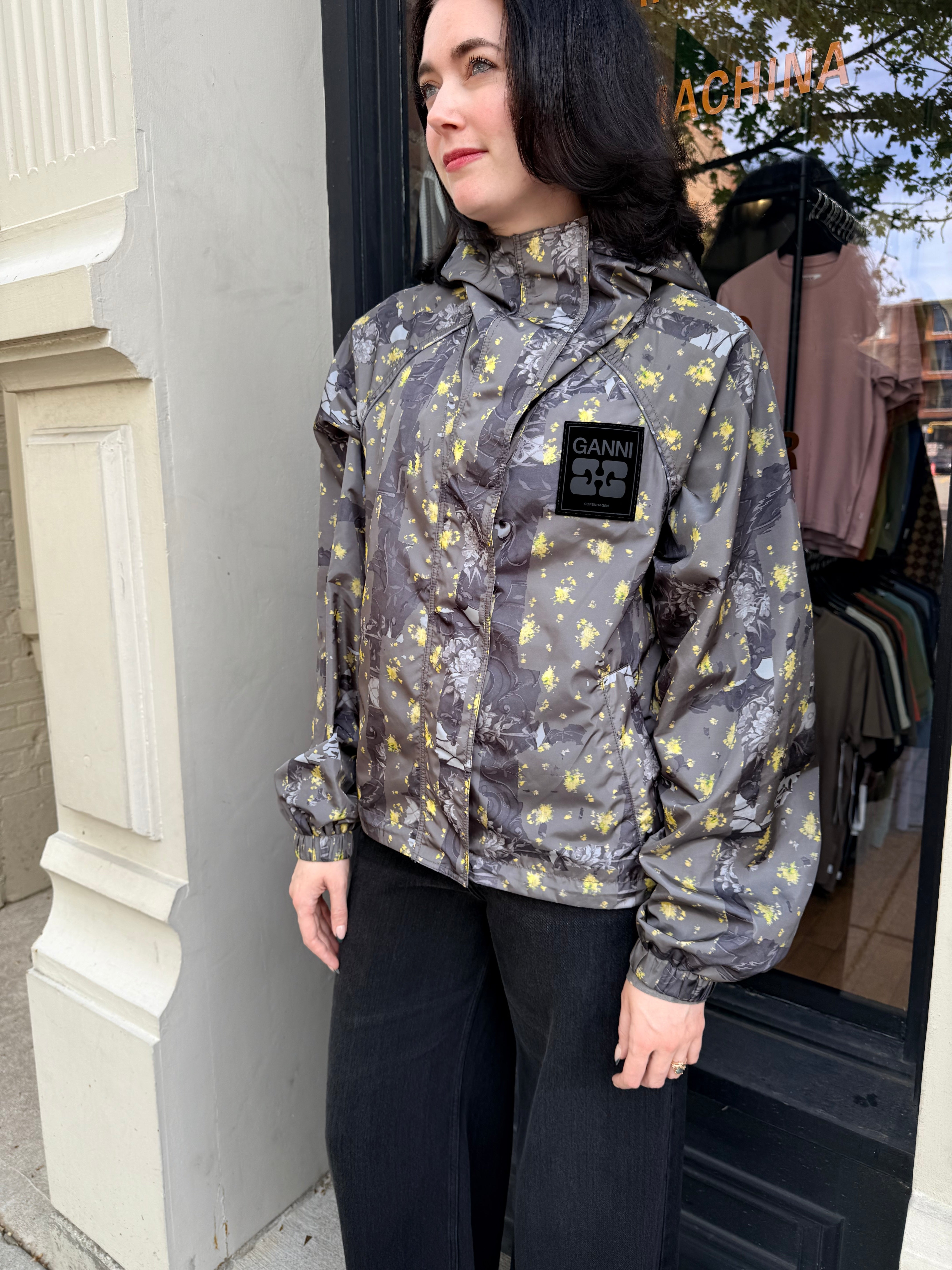 GANNI Flyweight Nylon Hooded Jacket - Printed Black Sand Outerwear - Sloane Boutique