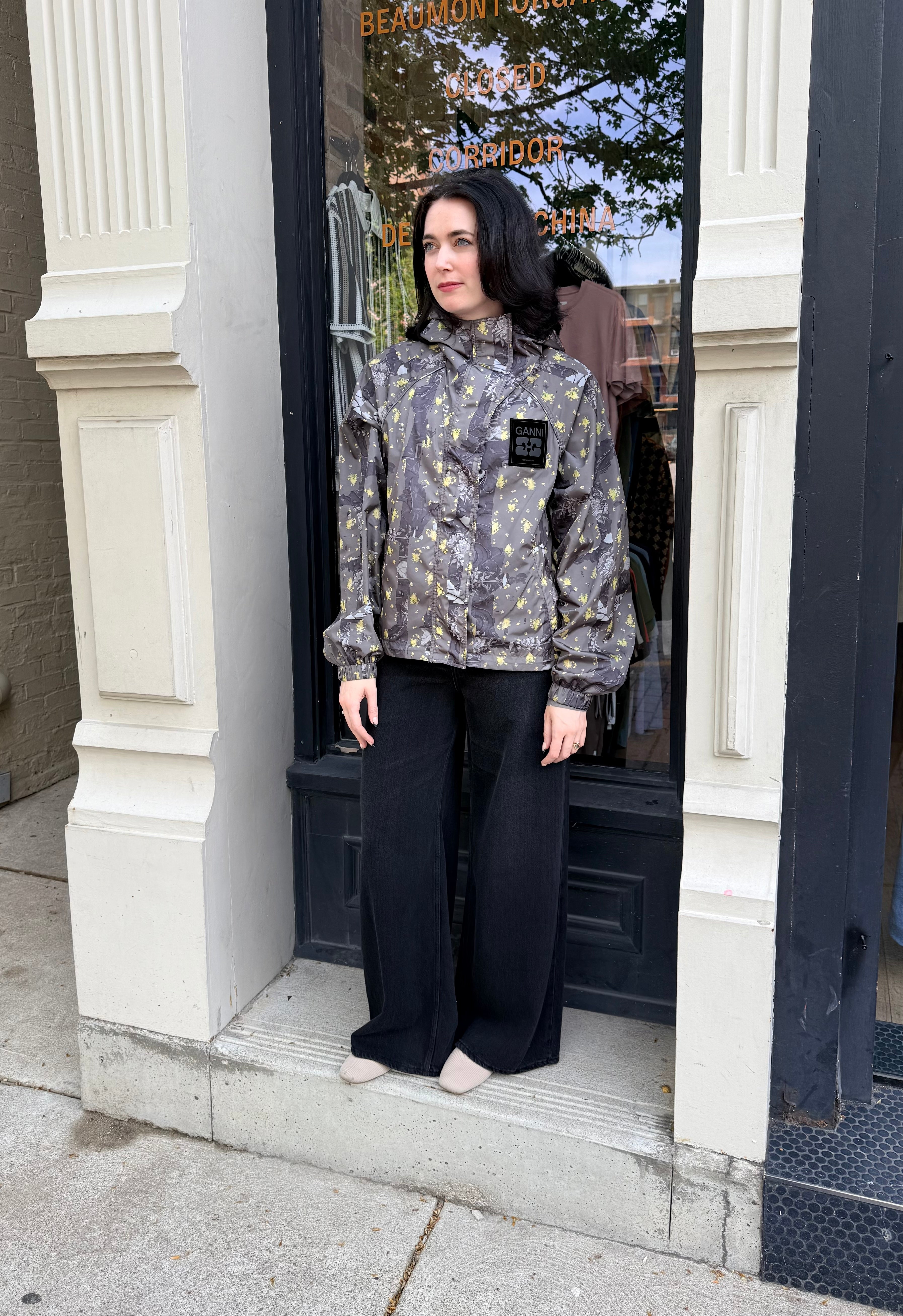 GANNI Flyweight Nylon Hooded Jacket - Printed Black Sand Outerwear - Sloane Boutique