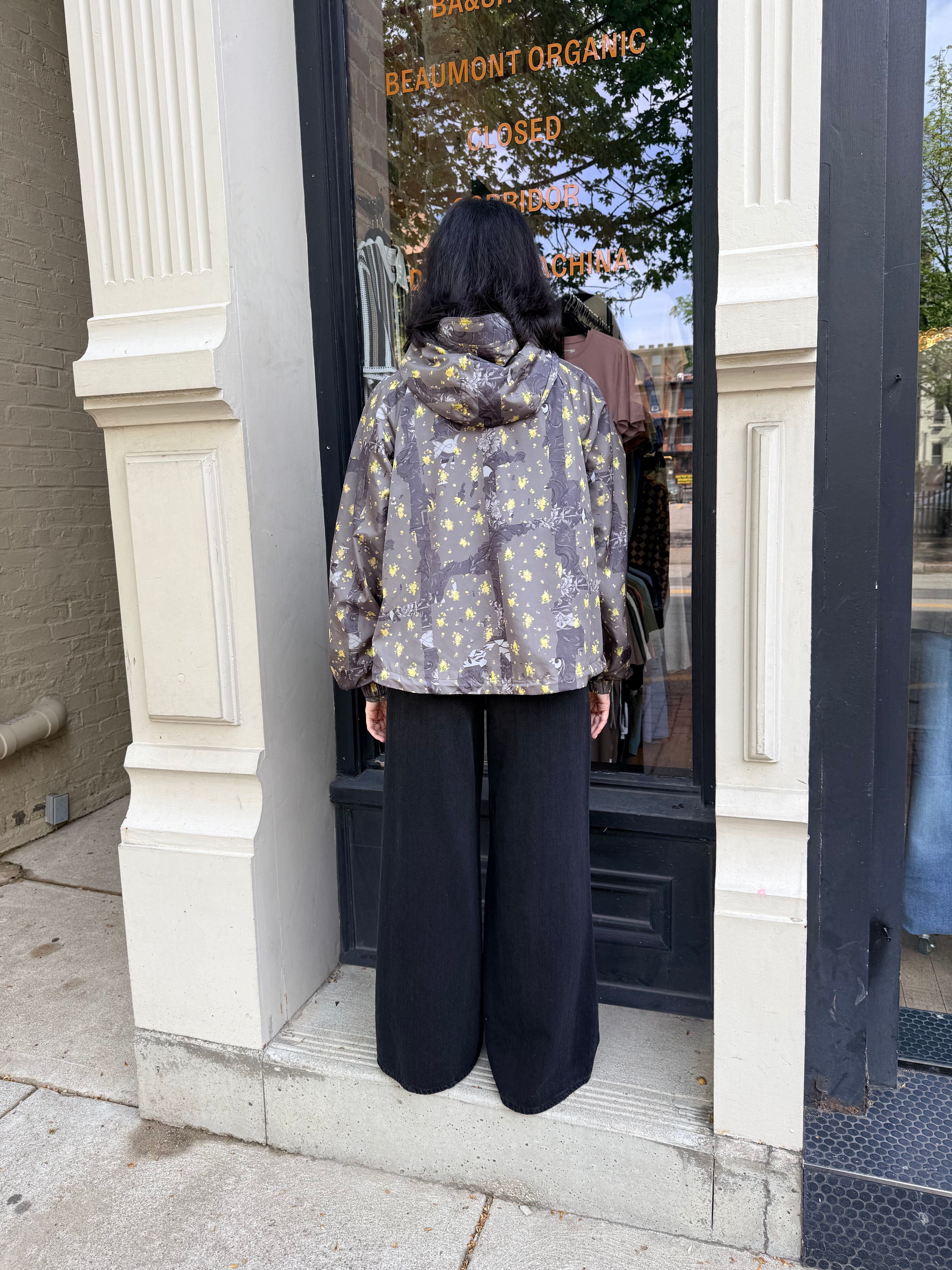 GANNI Flyweight Nylon Hooded Jacket - Printed Black Sand Outerwear - Sloane Boutique