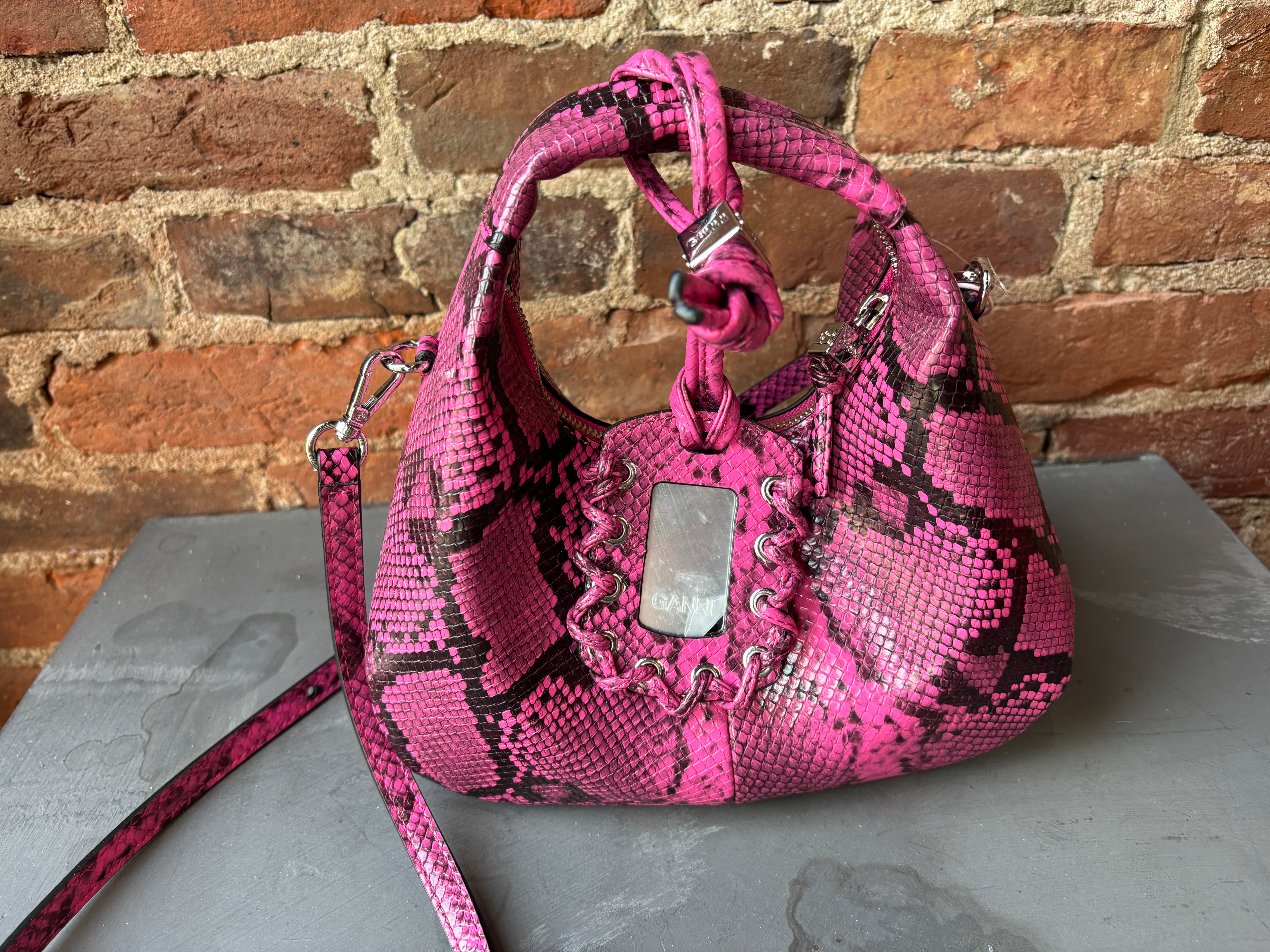 GANNI Hobo Mini Snake - Raspberry Rose Handbags - Sloane Boutique
