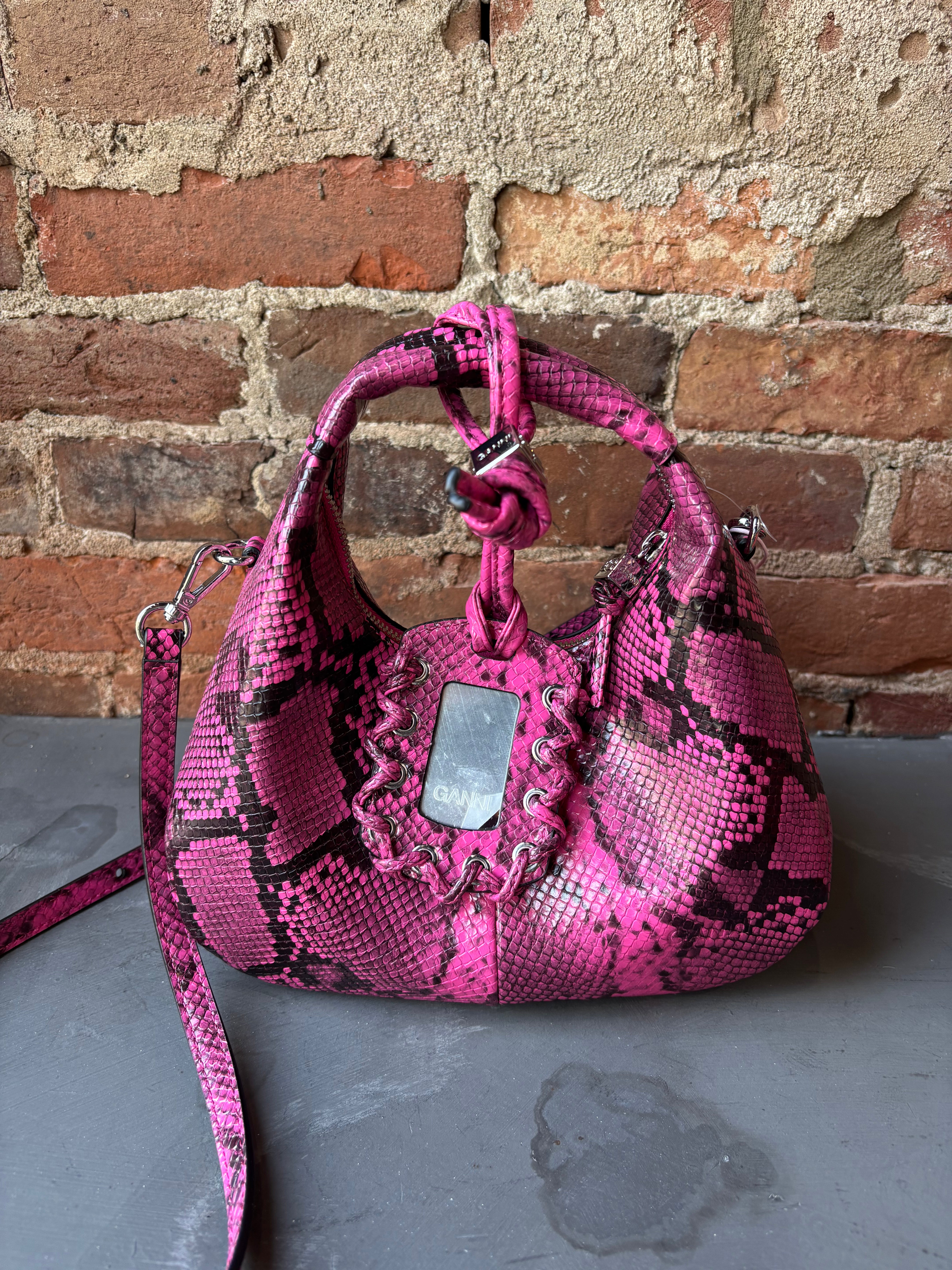 GANNI Hobo Mini Snake - Raspberry Rose Handbags - Sloane Boutique