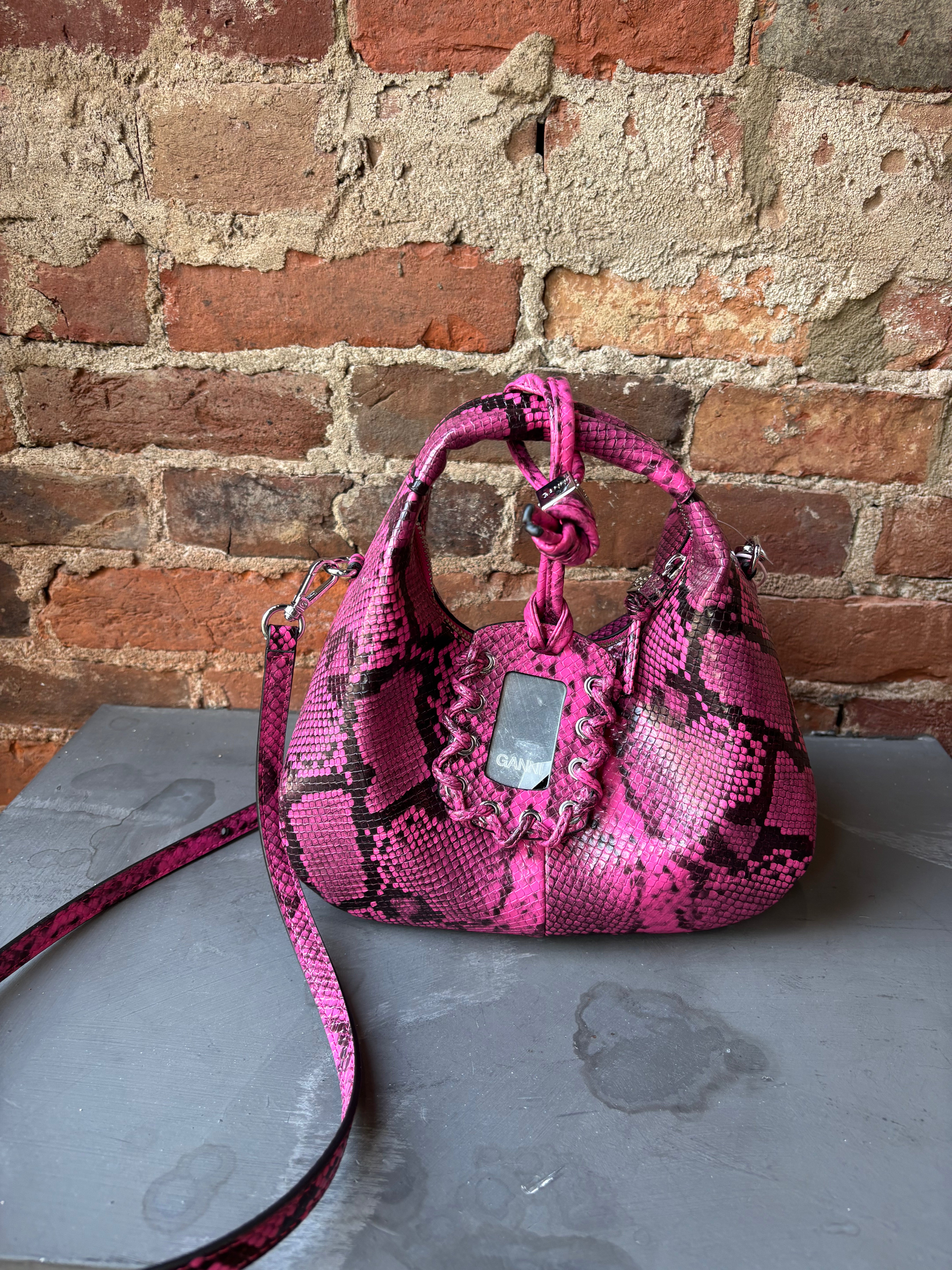GANNI Hobo Mini Snake - Raspberry Rose Handbags - Sloane Boutique