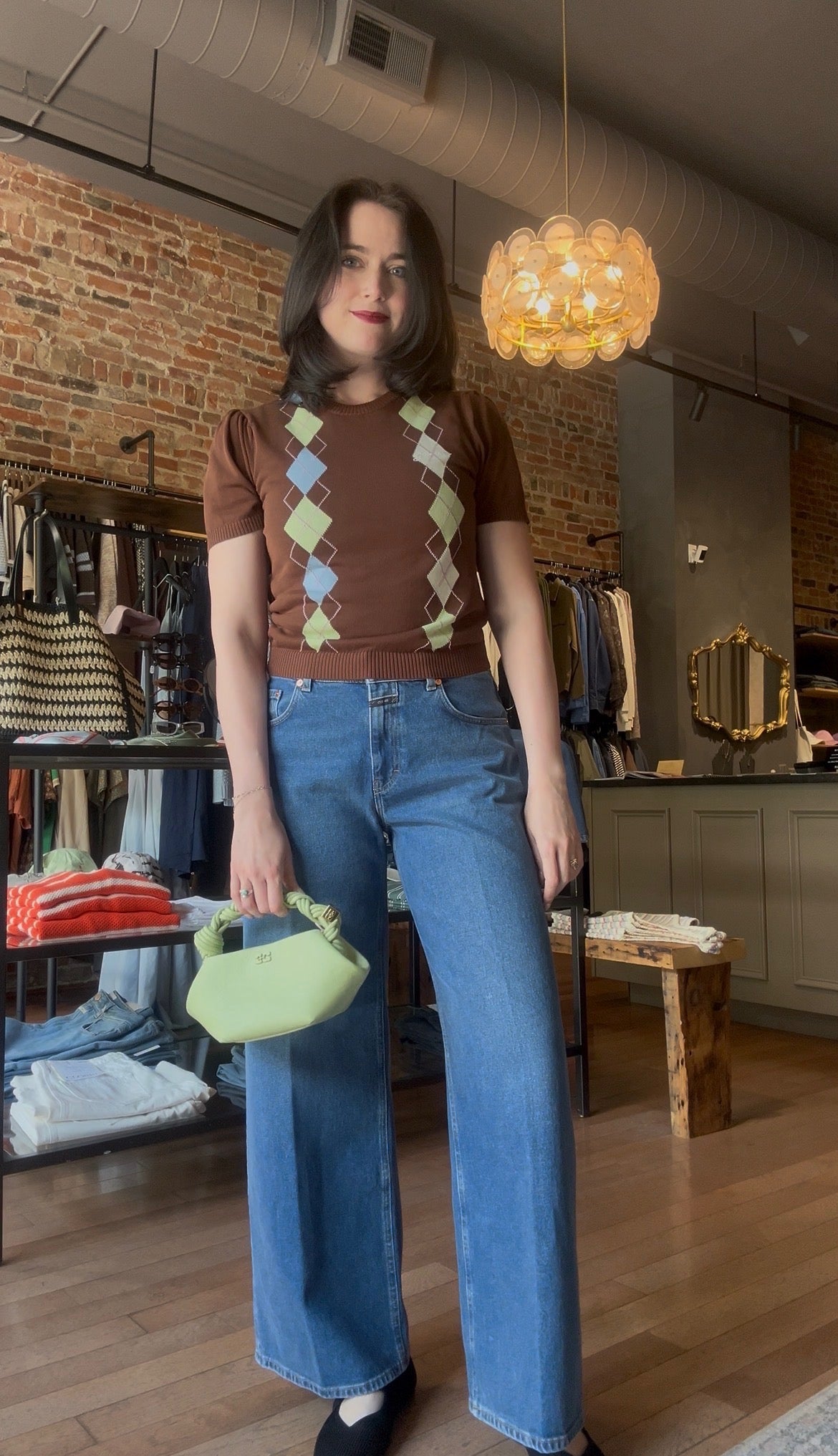 GANNI Light Cotton Argyle T-Shirt - Tiramisu Women's Tops - Sloane Boutique
