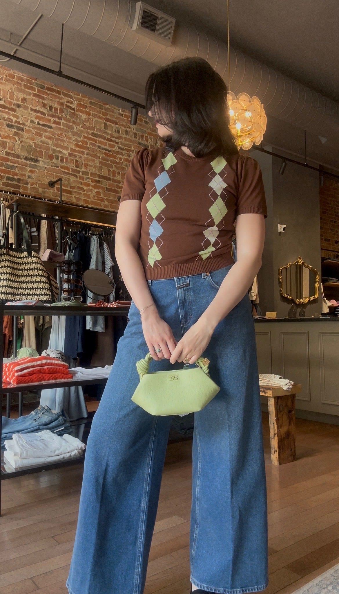 GANNI Light Cotton Argyle T-Shirt - Tiramisu Women's Tops - Sloane Boutique