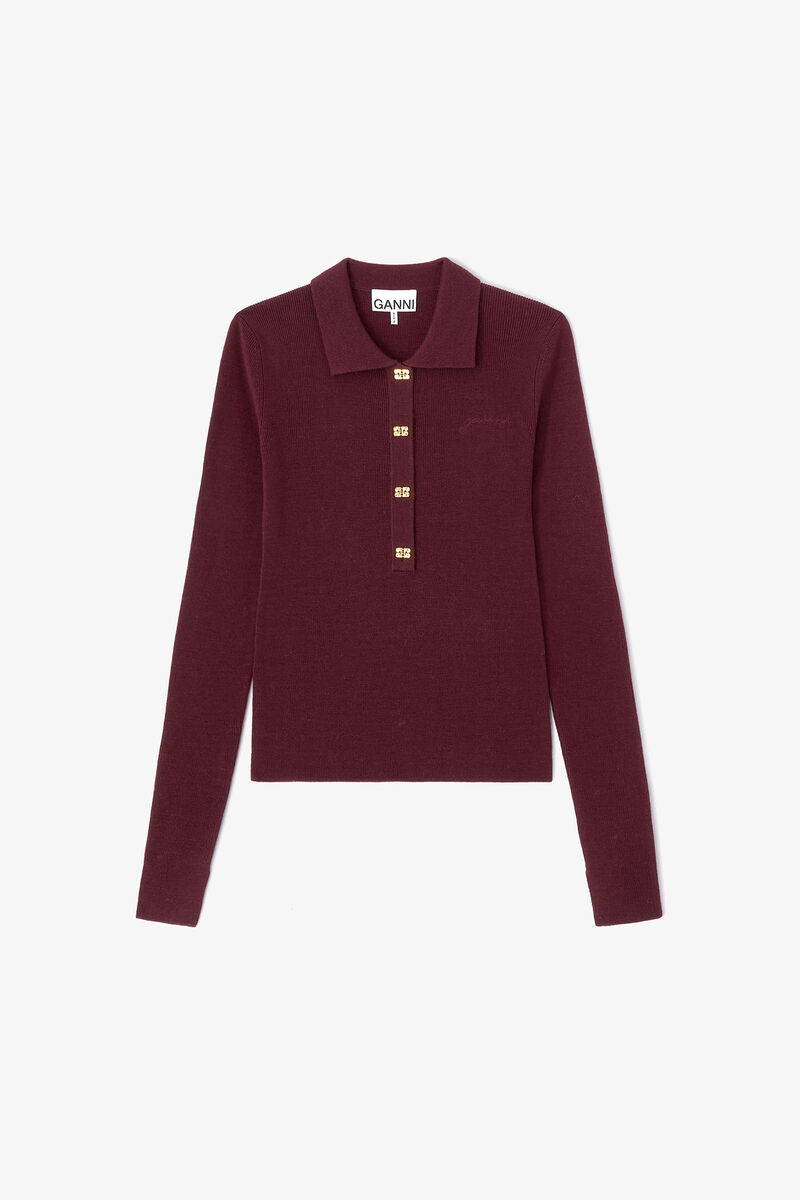 Ganni Mini Ribbed Merino Polo - Red Dahlia Women's Tops - Sloane Boutique