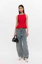 Ganni Poplin Smock Tie String Top - Racing Red Women's Tops - Sloane Boutique