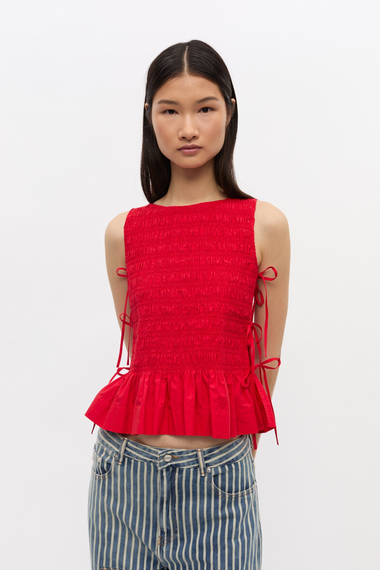 Ganni Poplin Smock Tie String Top - Racing Red Women's Tops - Sloane Boutique