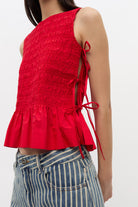 Ganni Poplin Smock Tie String Top - Racing Red Women's Tops - Sloane Boutique