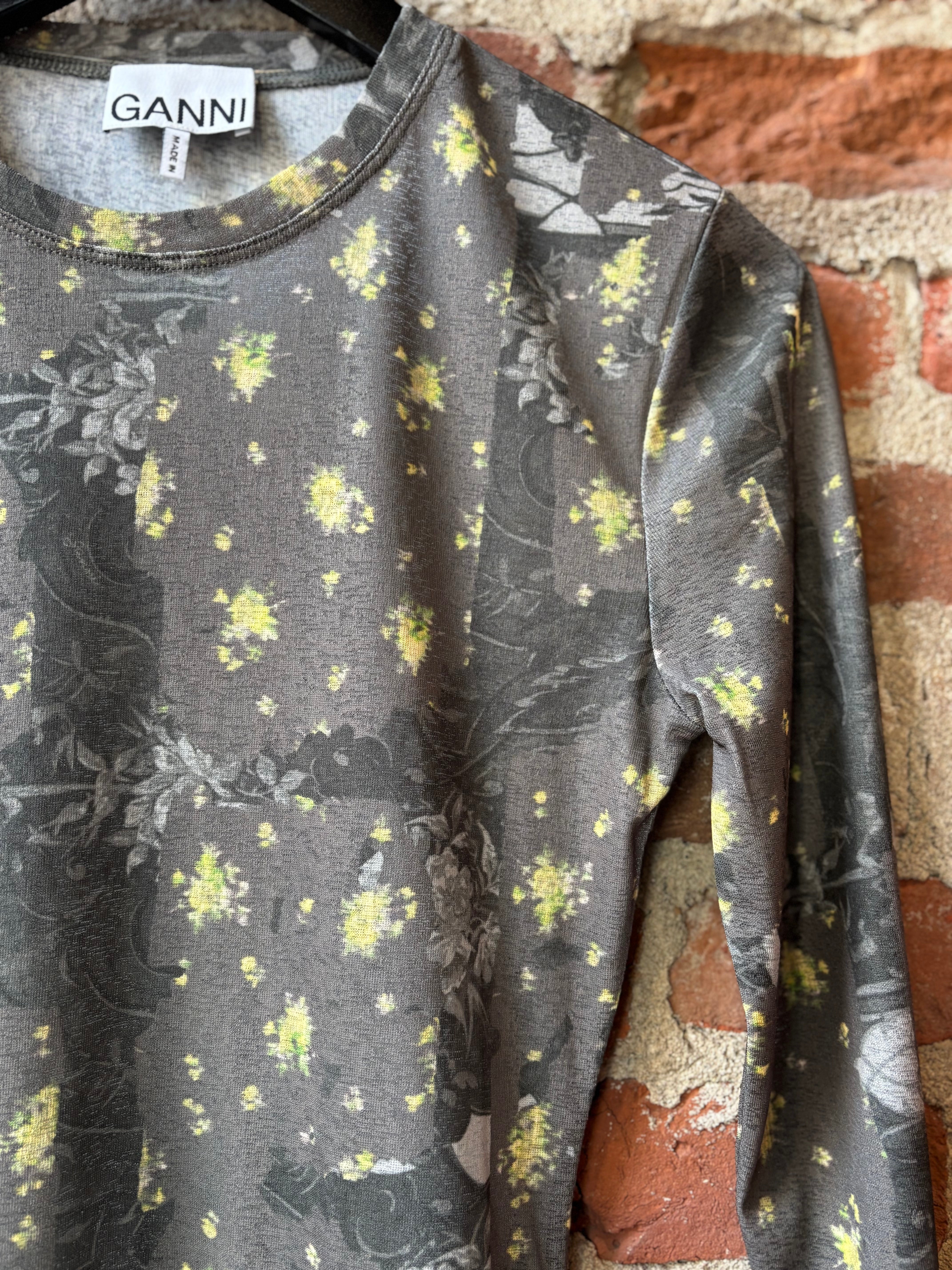 GANNI Printed Marl Mesh Long Sleeve Top - Black Sand Women's Tops - Sloane Boutique