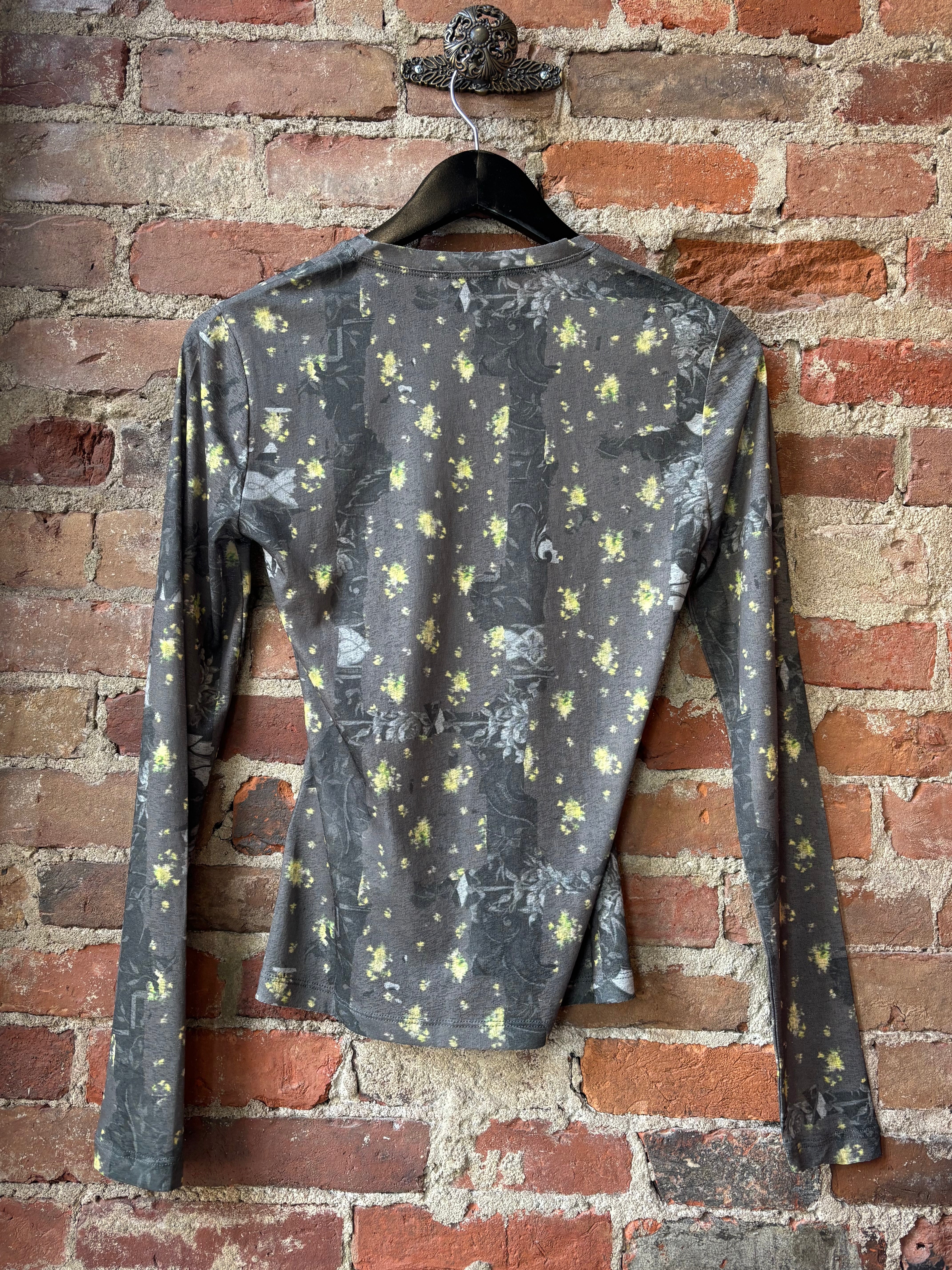 GANNI Printed Marl Mesh Long Sleeve Top - Black Sand Women's Tops - Sloane Boutique