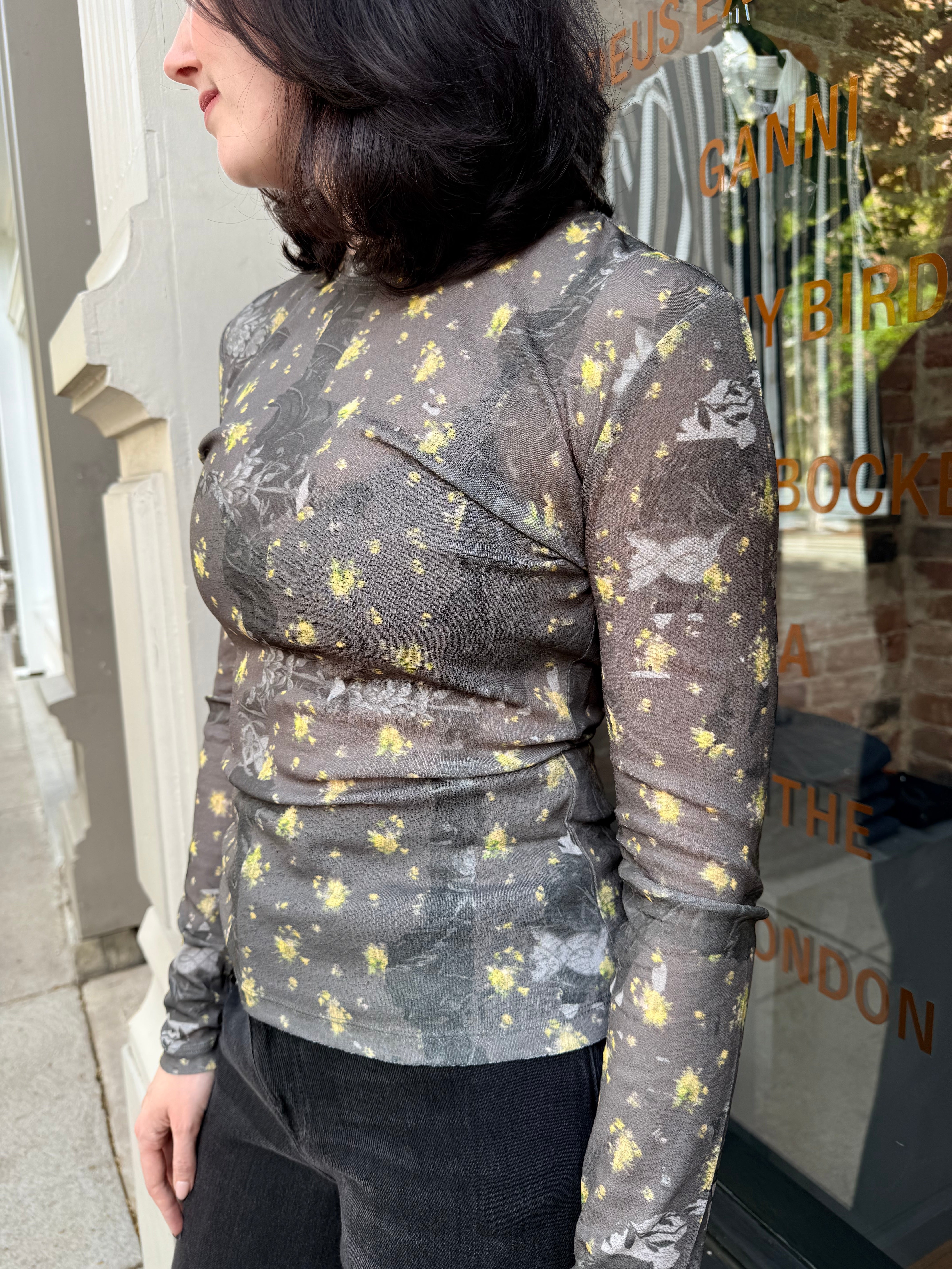 GANNI Printed Marl Mesh Long Sleeve Top - Black Sand Women's Tops - Sloane Boutique