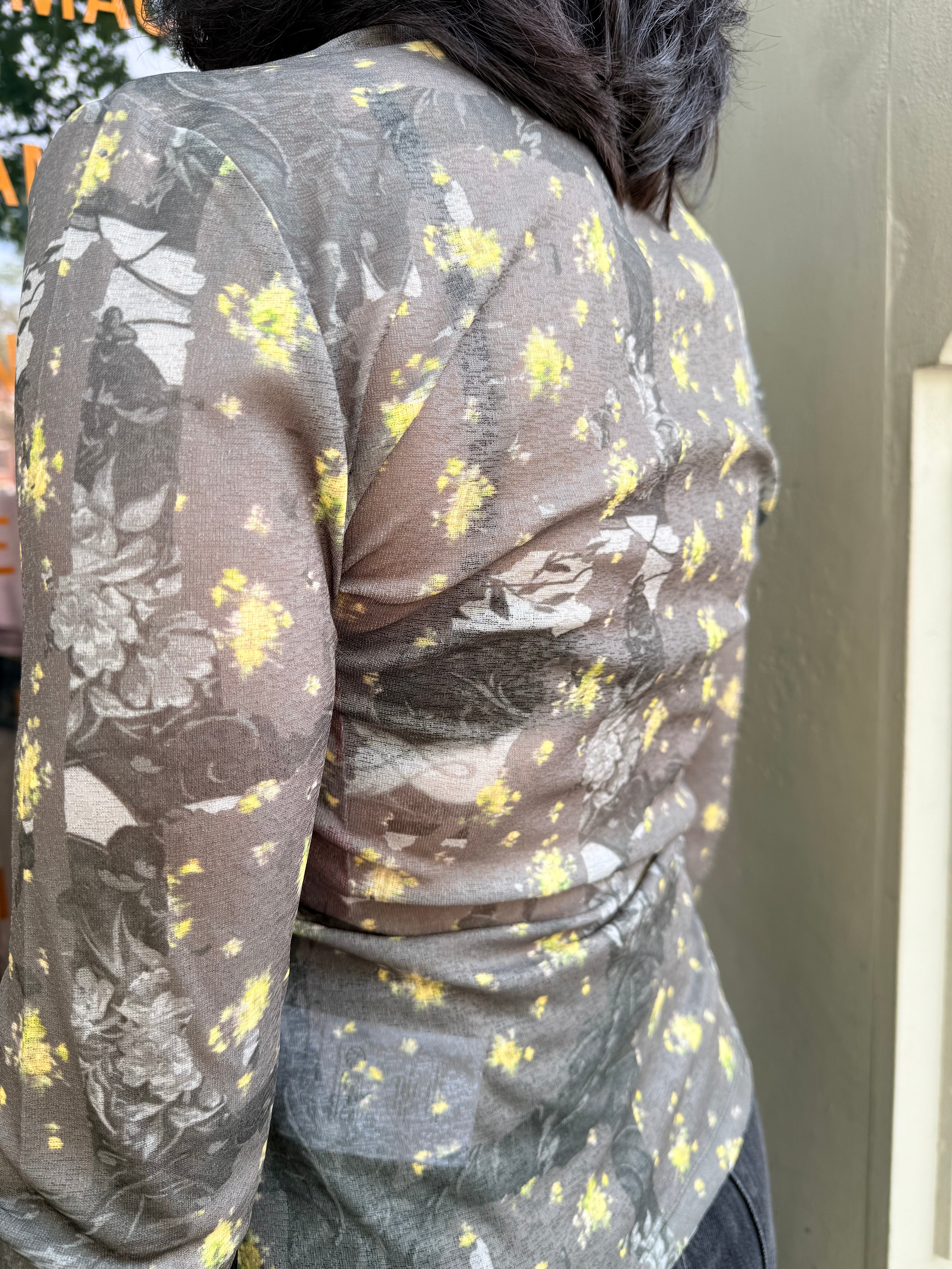 GANNI Printed Marl Mesh Long Sleeve Top - Black Sand Women's Tops - Sloane Boutique