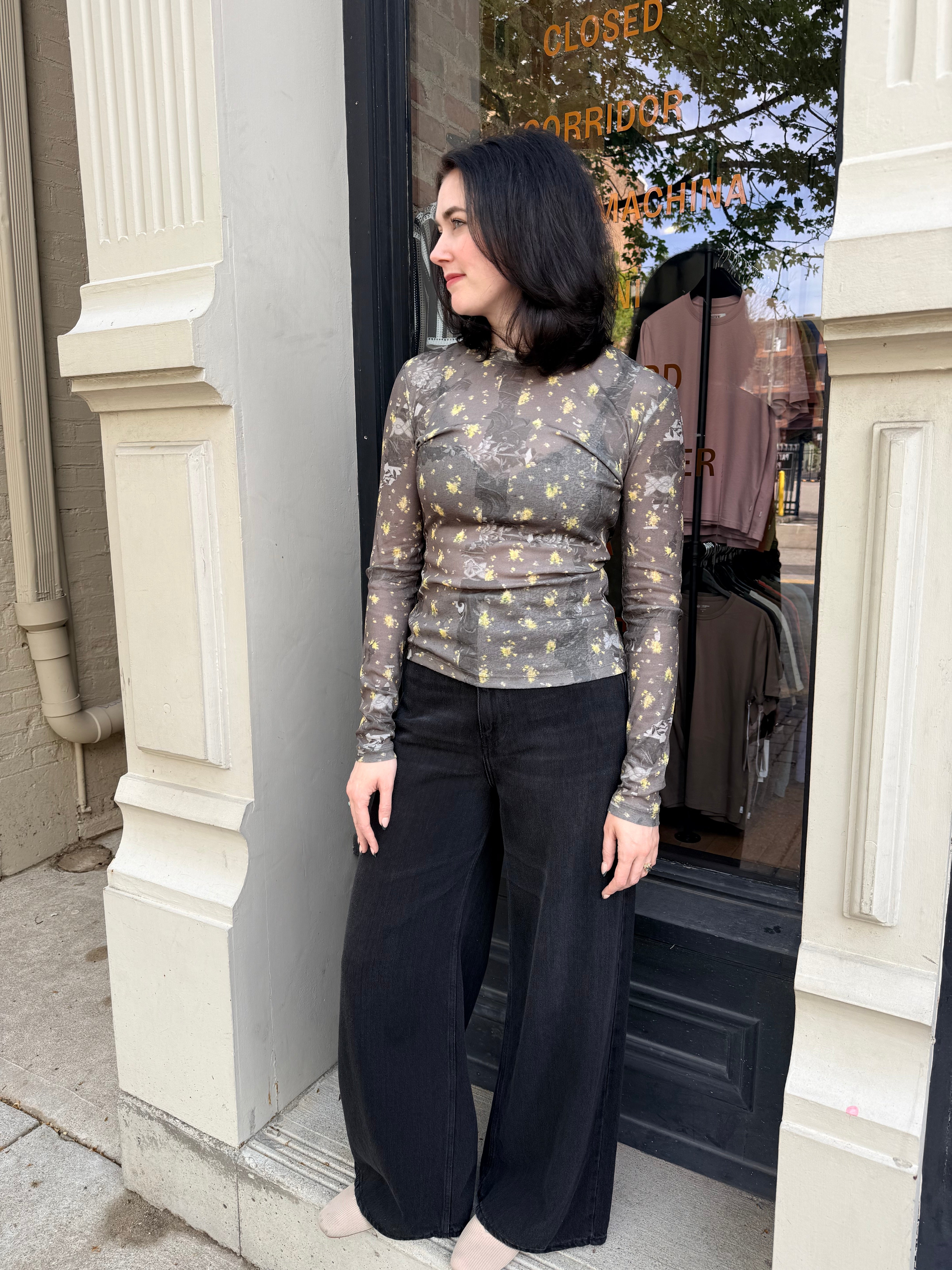 GANNI Printed Marl Mesh Long Sleeve Top - Black Sand Women's Tops - Sloane Boutique