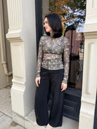 GANNI Printed Marl Mesh Long Sleeve Top - Black Sand Women's Tops - Sloane Boutique