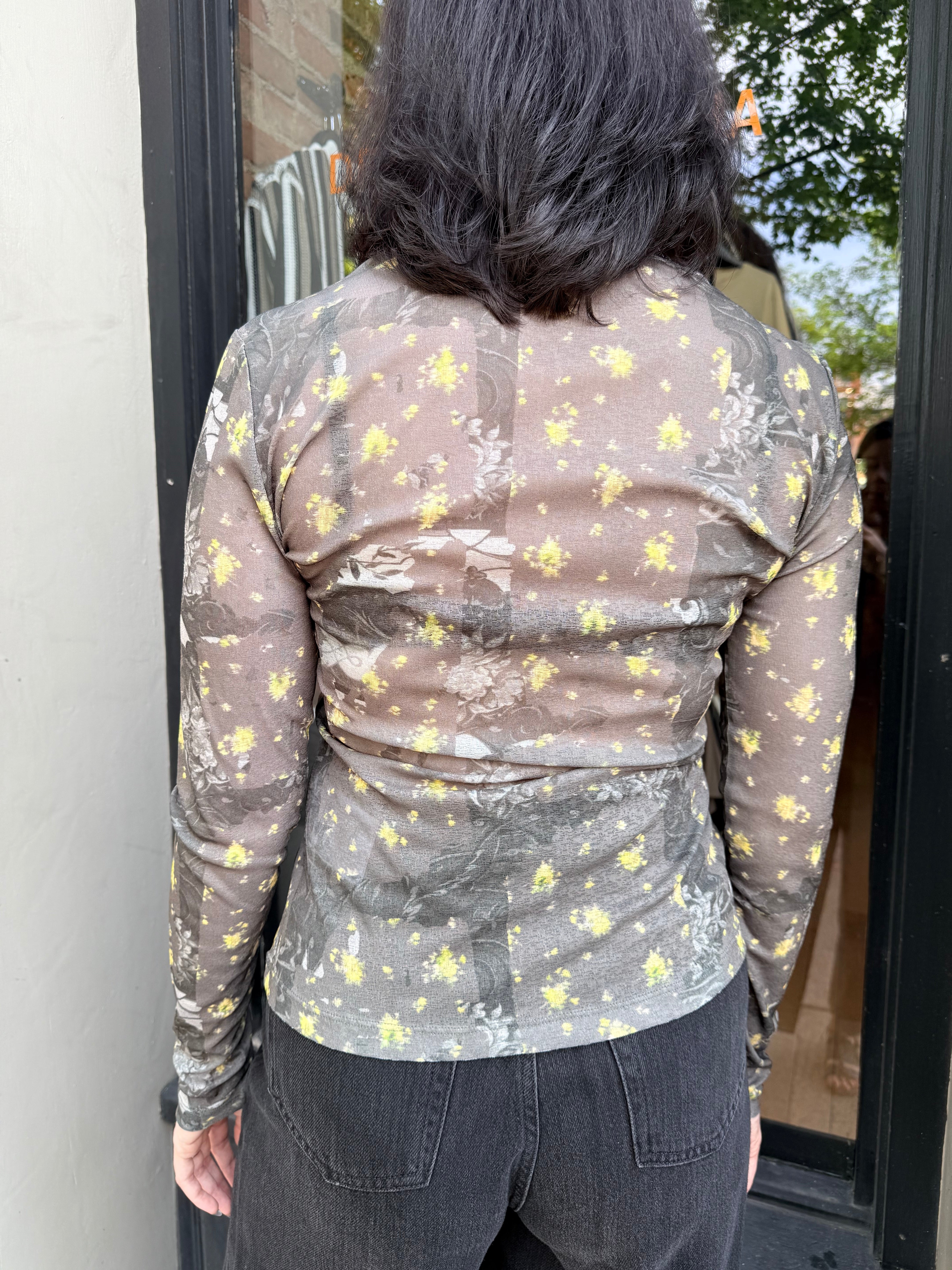 GANNI Printed Marl Mesh Long Sleeve Top - Black Sand Women's Tops - Sloane Boutique