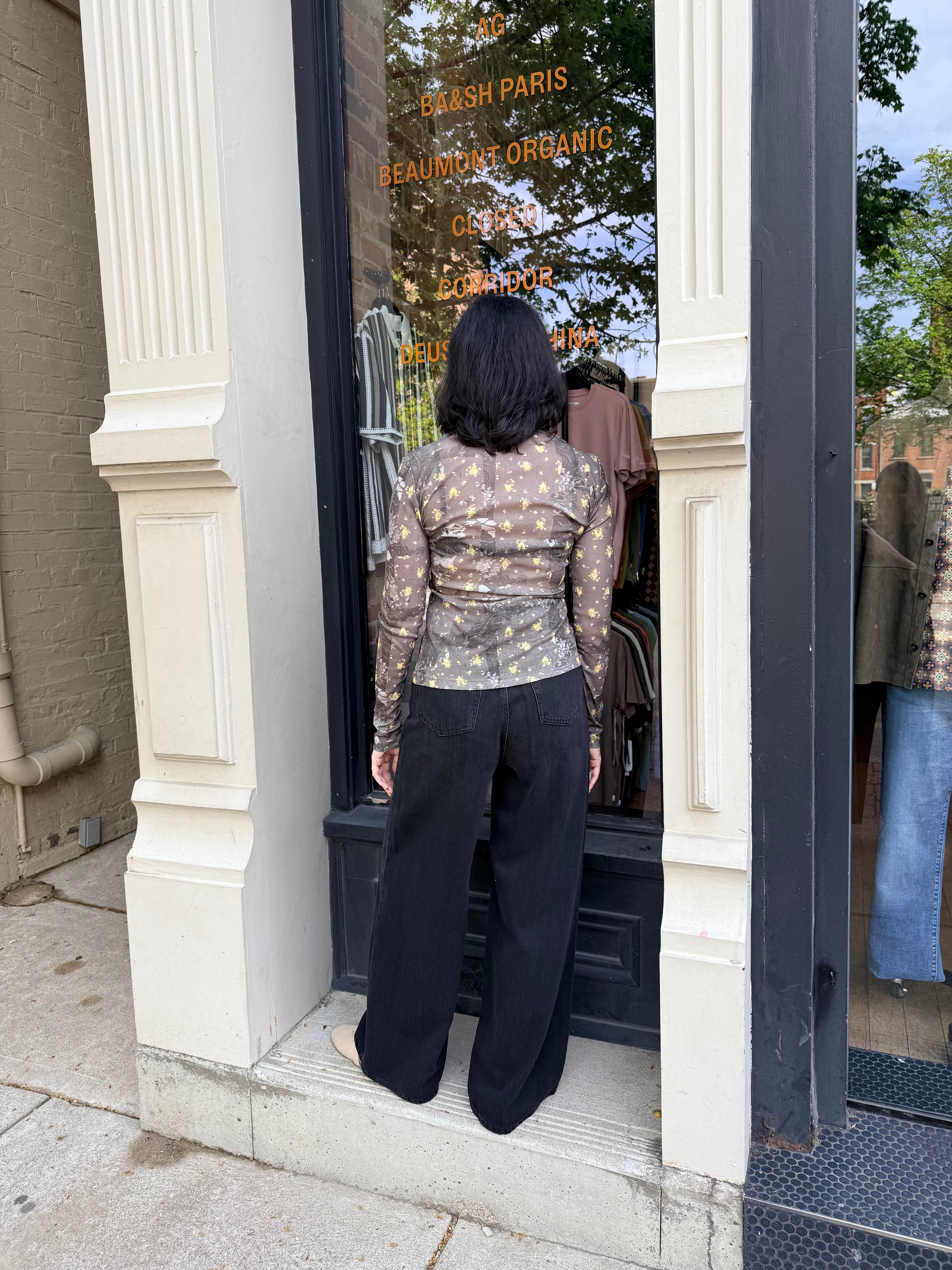 GANNI Printed Marl Mesh Long Sleeve Top - Black Sand Women's Tops - Sloane Boutique