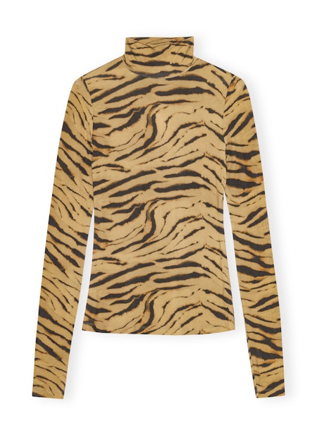 Ganni Printed Shiny Jersey Turtleneck - Khaki Women's Tops - Sloane Boutique
