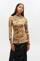 Ganni Printed Shiny Jersey Turtleneck - Khaki Women's Tops - Sloane Boutique